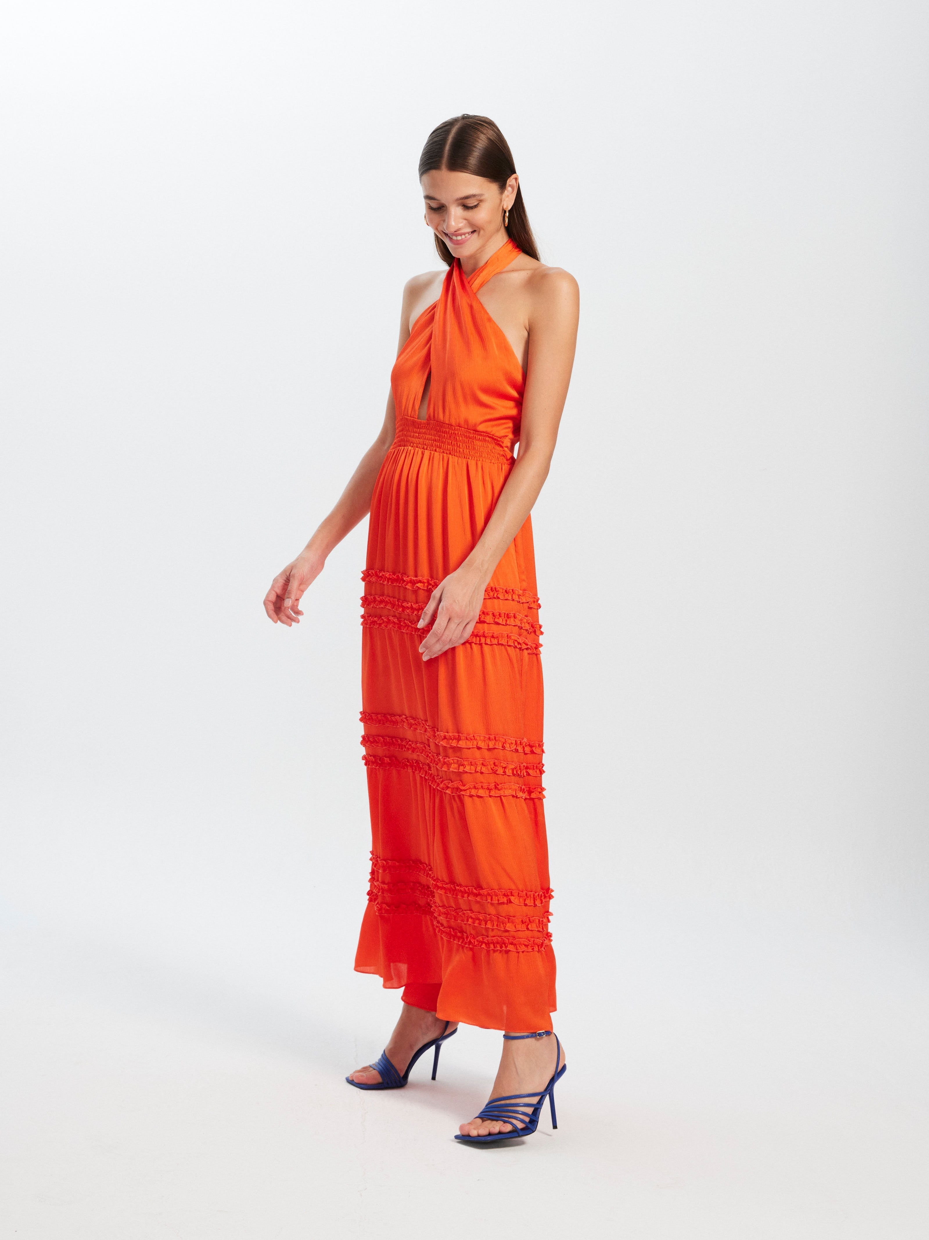 CASILDA - Vestido midi halter cruzado naranja