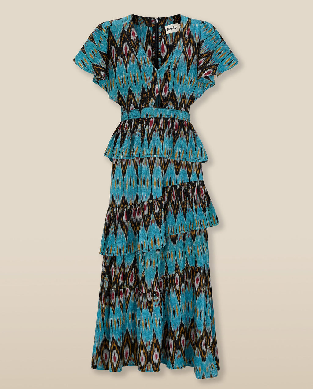 BERNAT | Vestido Midi de Algodón con Estampado Ikat en Turquesa y Falda a Capas