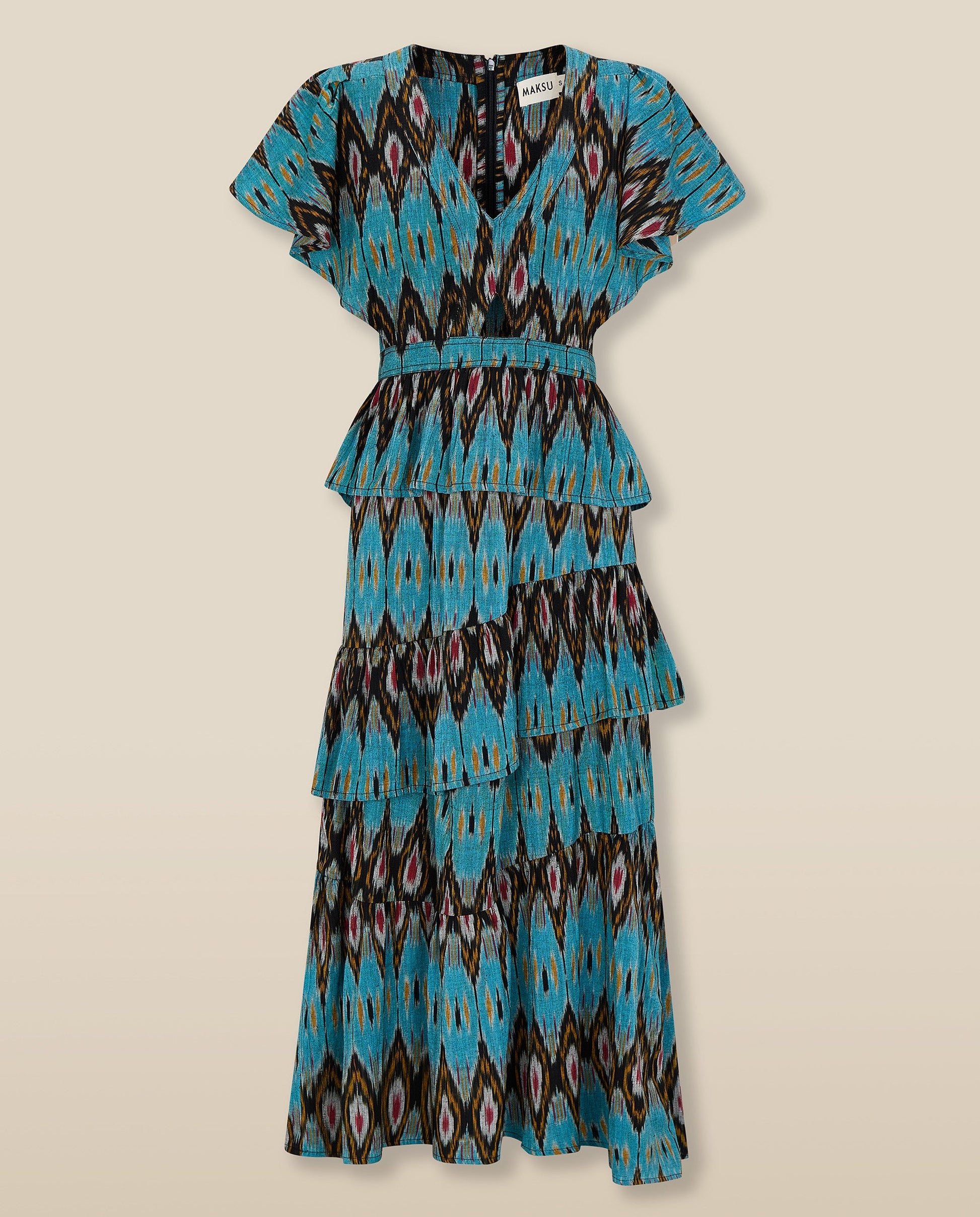 BERNAT | Vestido Midi de Algodón con Estampado Ikat en Turquesa y Falda a Capas