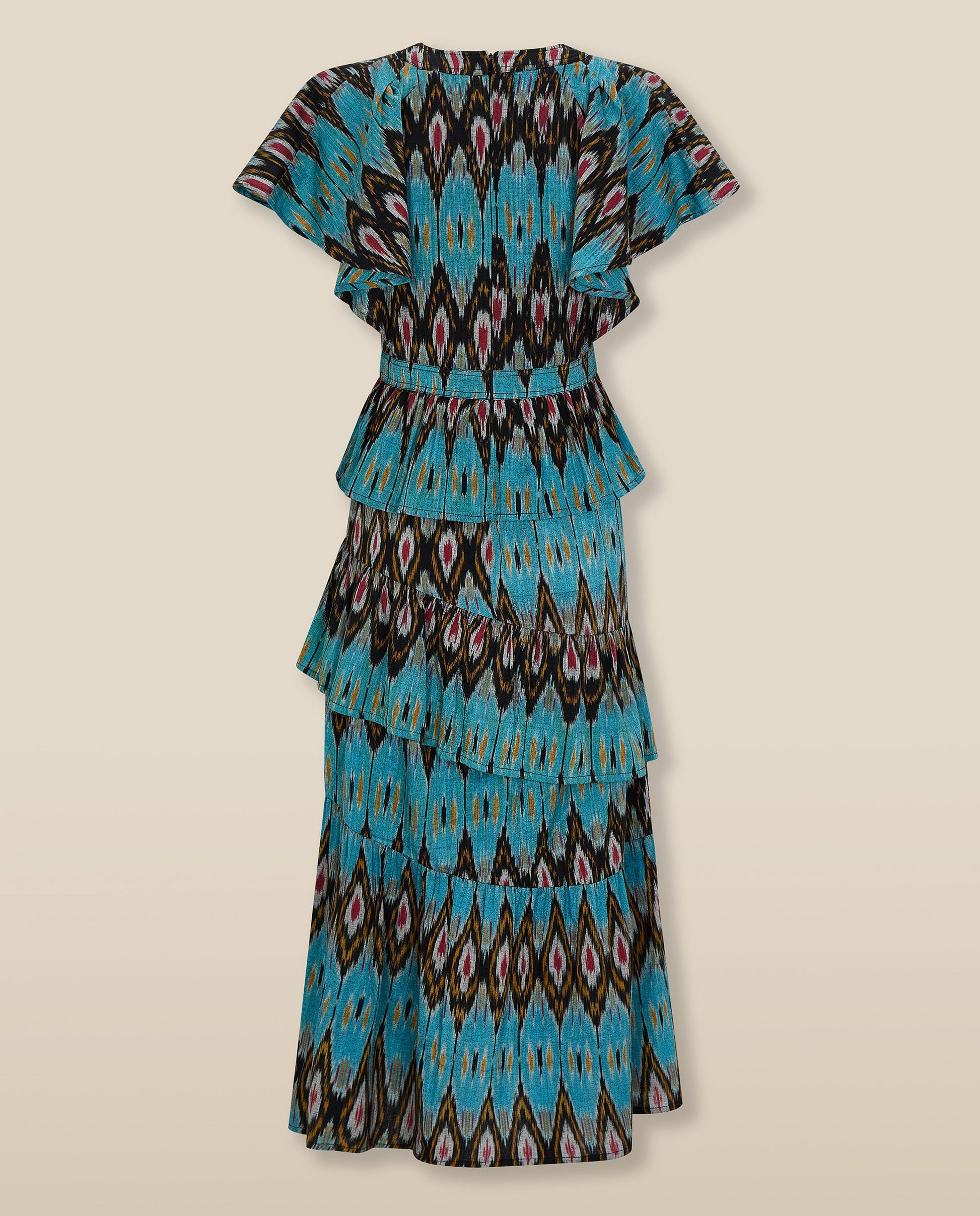 BERNAT | Vestido Midi de Algodón con Estampado Ikat en Turquesa y Falda a Capas