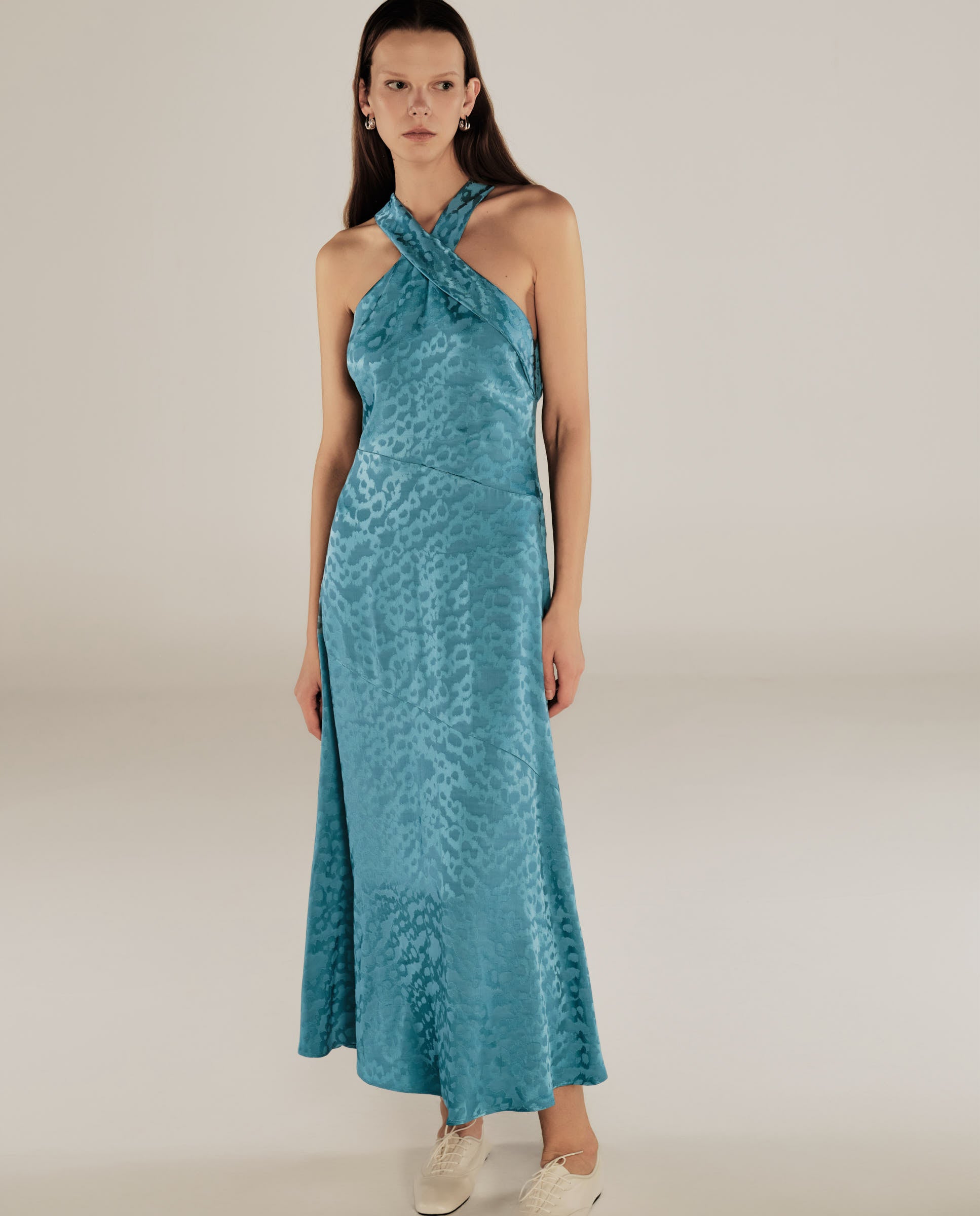 BHAKTI | Vestido Midi de Jacquard con Estampado de Leopardo en Azul Turquesa