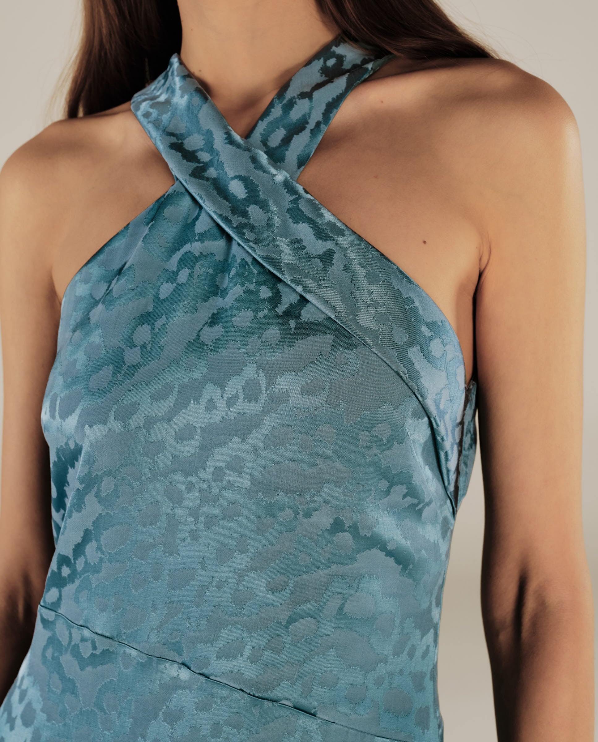 BHAKTI | Vestido Midi de Jacquard con Estampado de Leopardo en Azul Turquesa