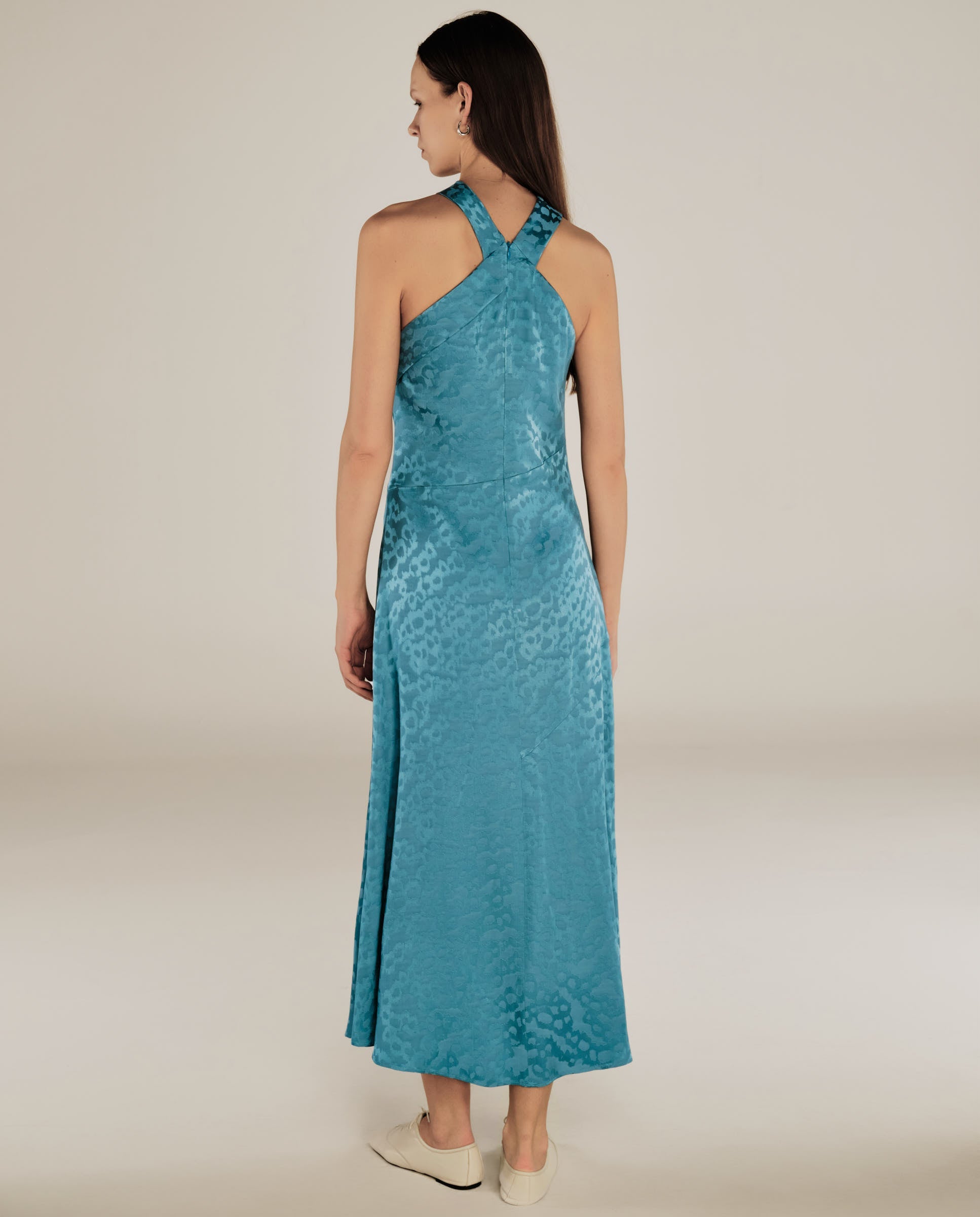 BHAKTI | Vestido Midi de Jacquard con Estampado de Leopardo en Azul Turquesa