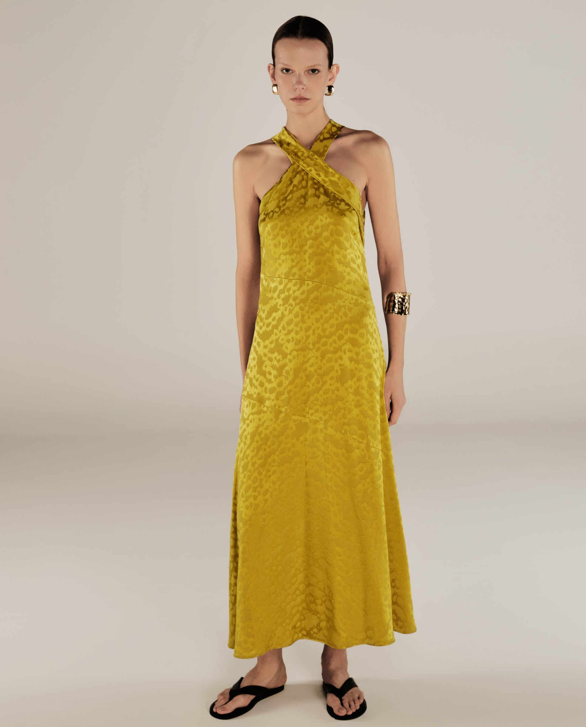 BHAKTI | Vestido Midi Jacquard con Estampado de Leopardo en Chartreuse Amarillo