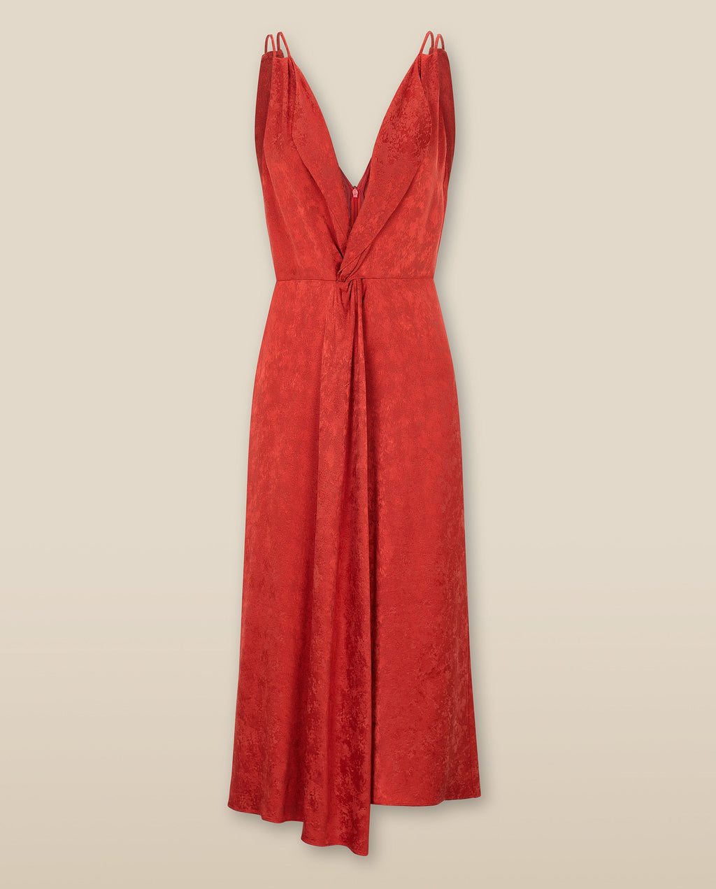 LATINA | Vestido Midi Rojo de Jacquard con Frente Retorcido y Escote en V