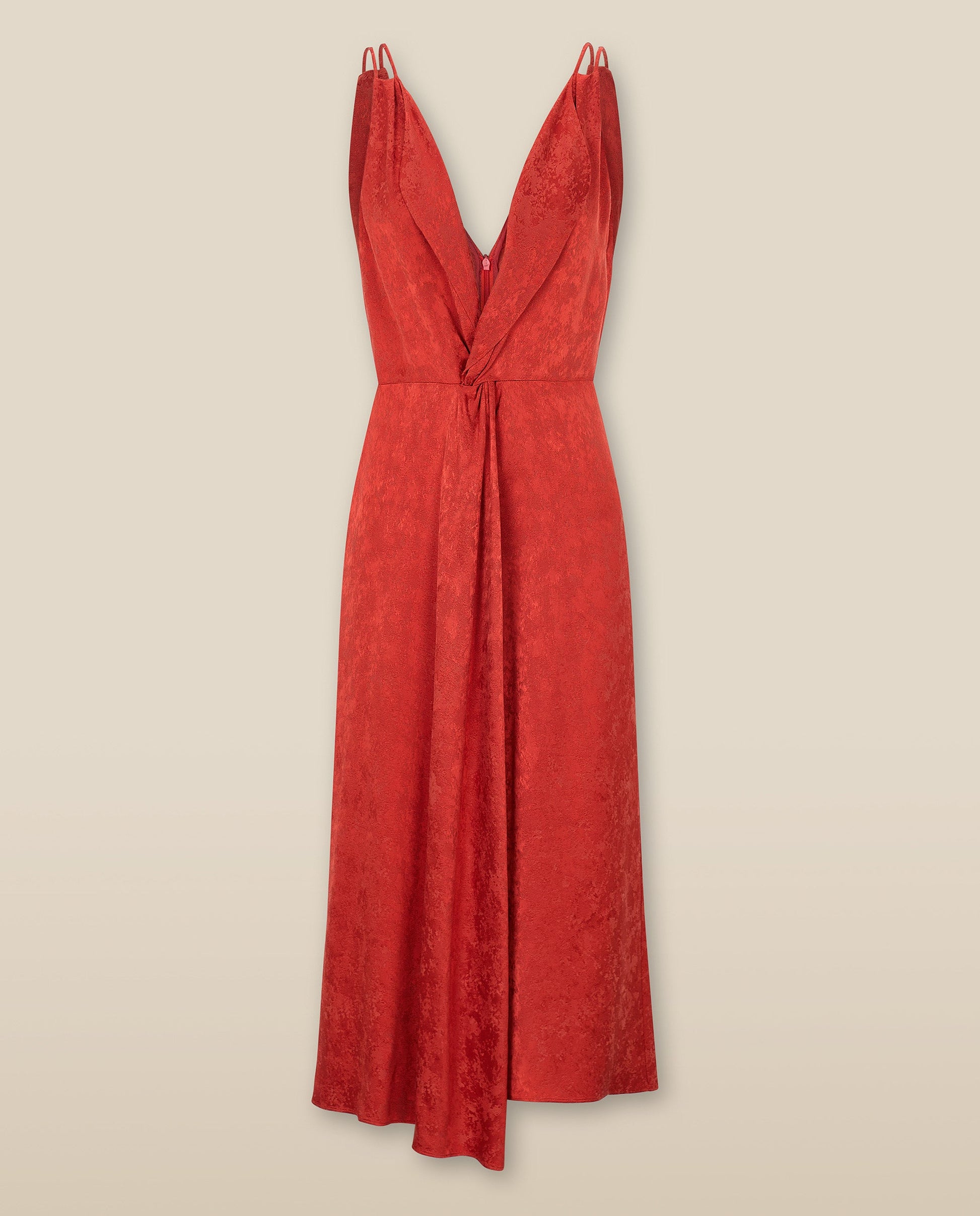 LATINA | Vestido Midi Rojo de Jacquard con Frente Retorcido y Escote en V