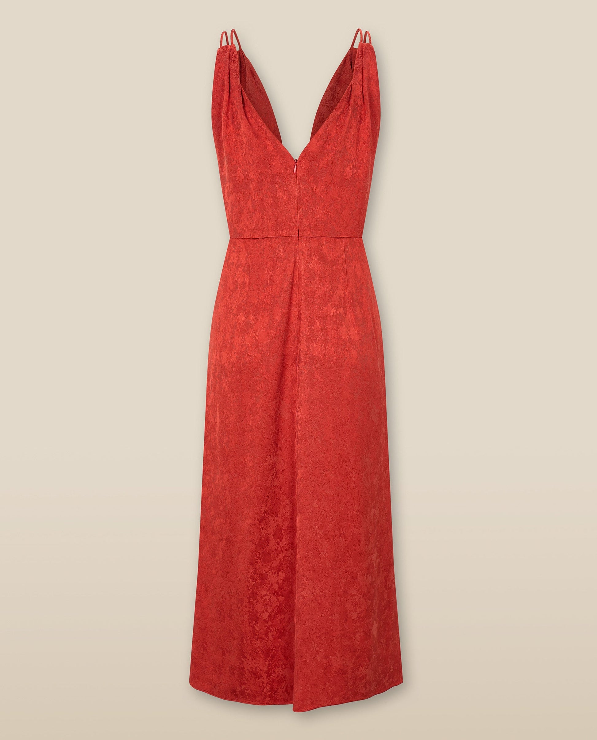 LATINA | Vestido Midi Rojo de Jacquard con Frente Retorcido y Escote en V