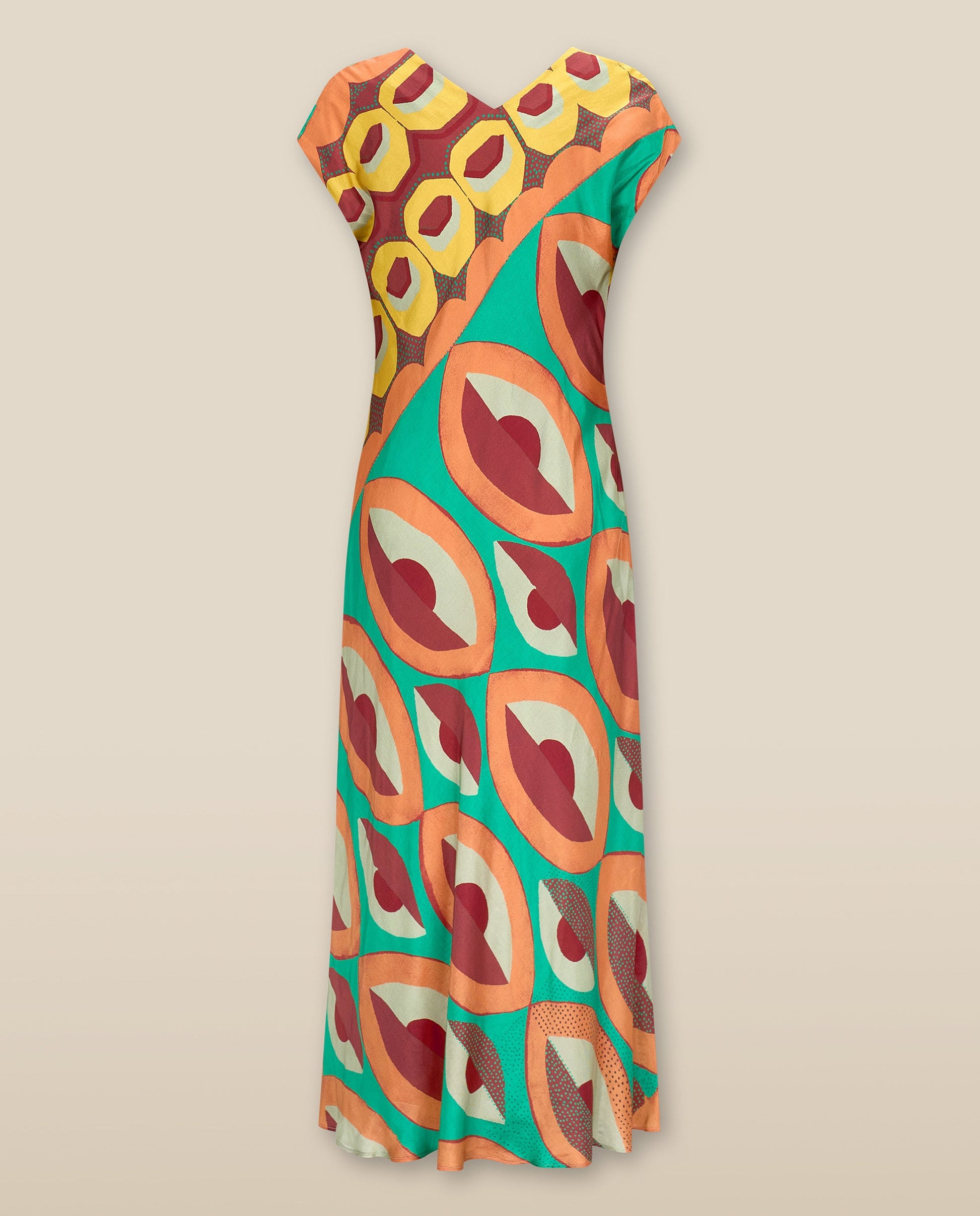 EMBER | Vestido Midi de Satén con Estampado Geométrico Multicolor