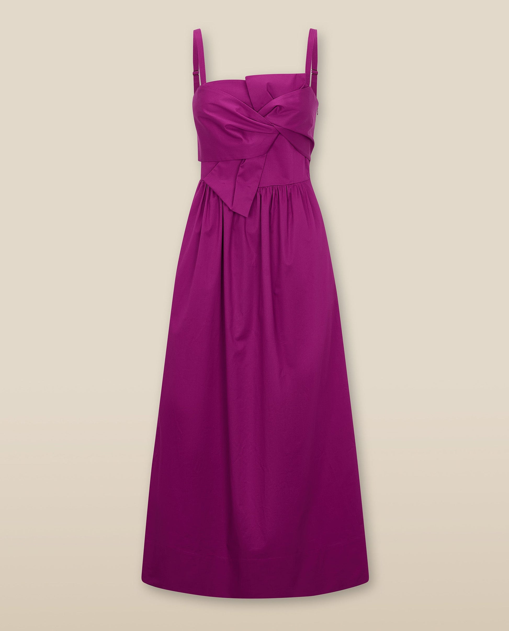 LUCILA | Vestido Midi de Algodón color Rosa Fucsia con Lazada Frontal