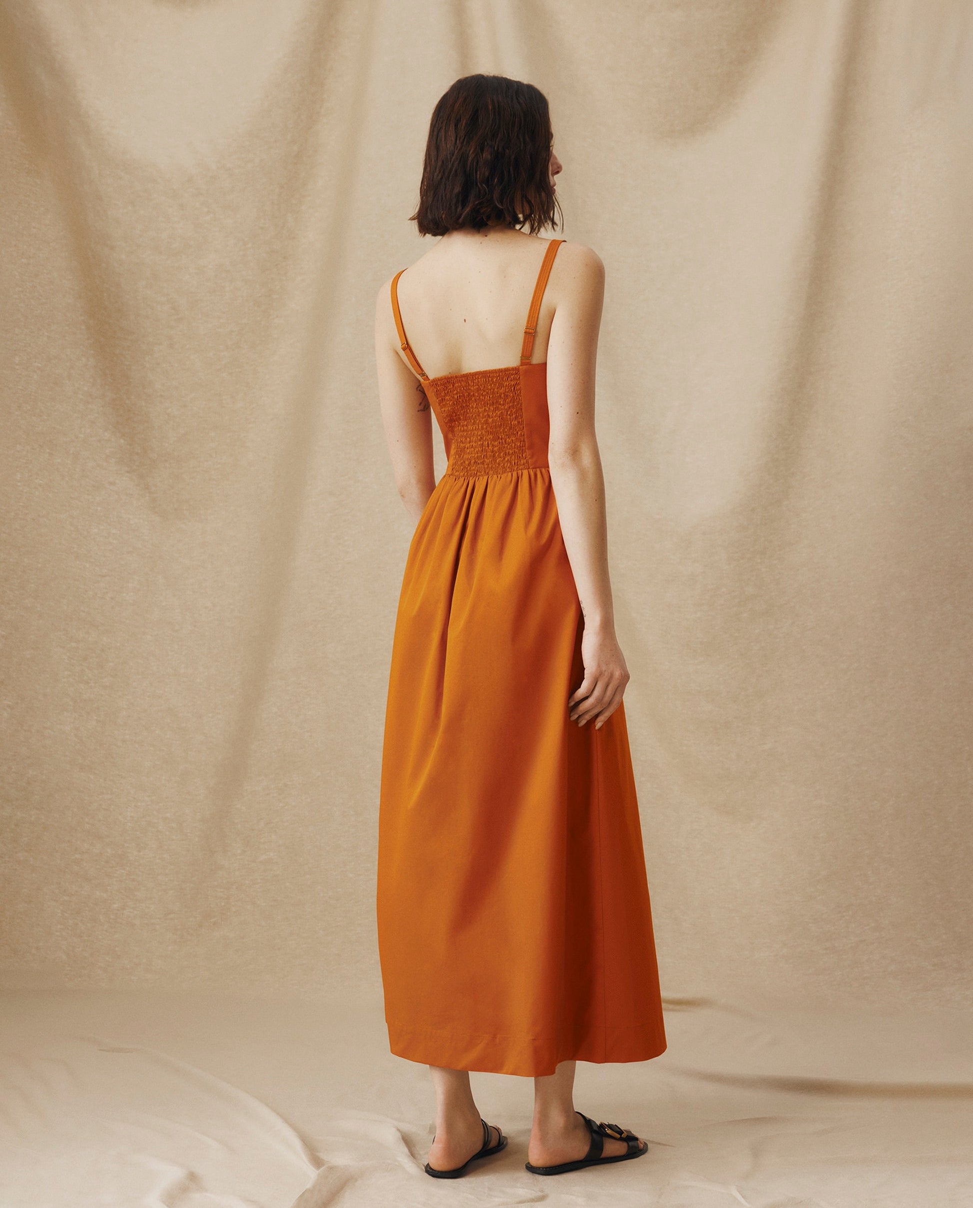 LUCILA | Vestido Midi de Algodón Naranja con Lazada Frontal