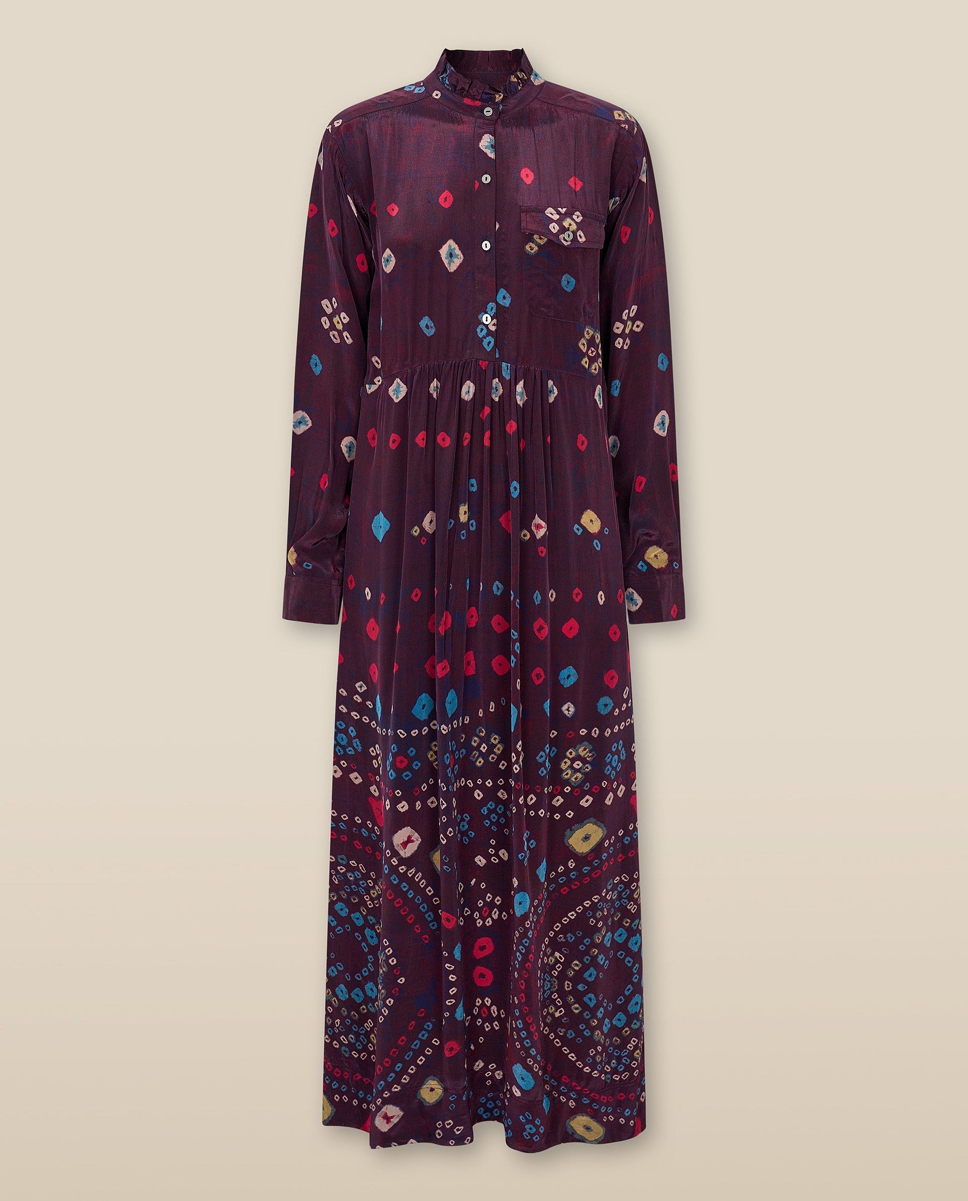 KAKOLI | Vestido Midi Estampado con Cuello de Volantes en Berenjena y Multicolor
