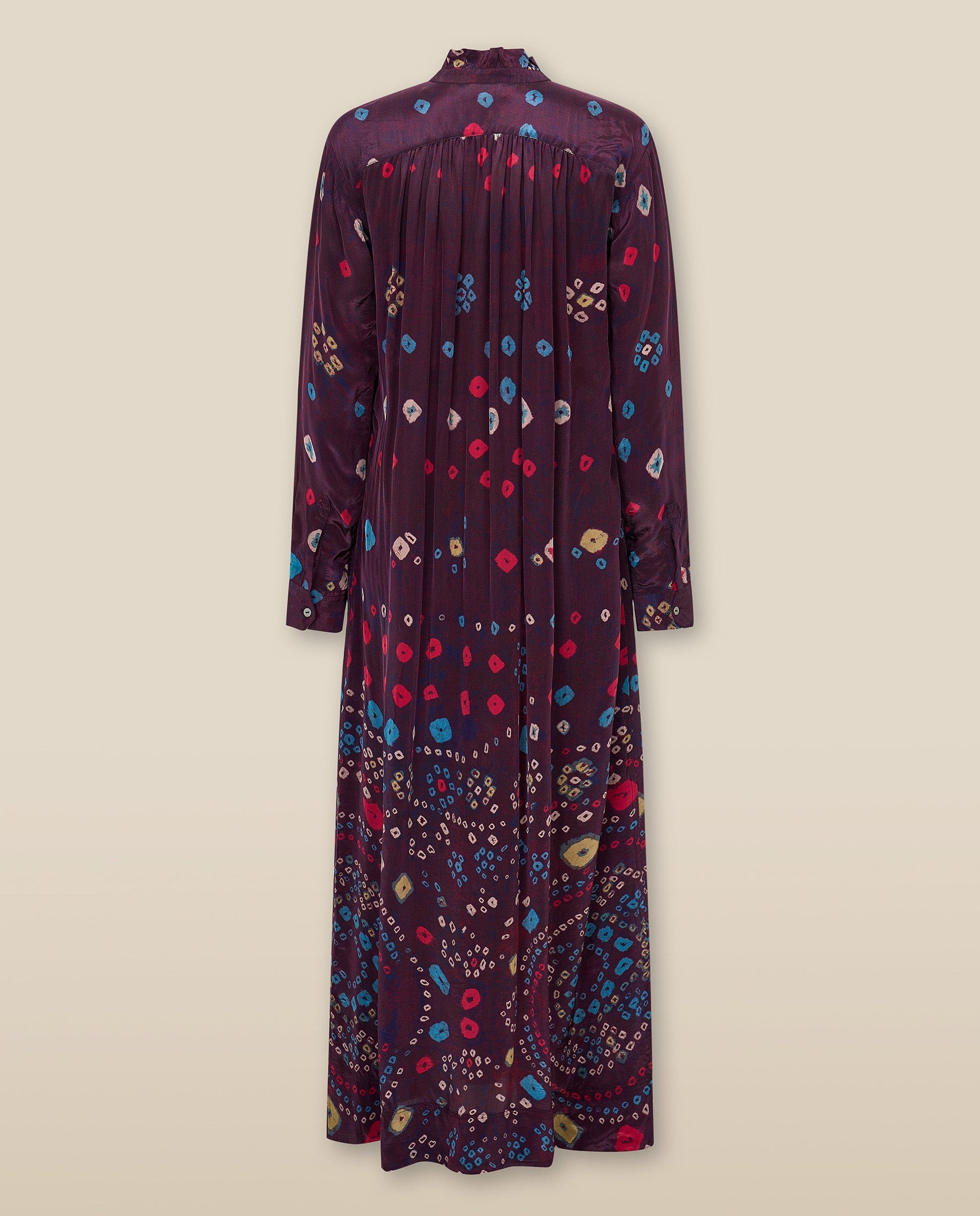 KAKOLI | Vestido Midi Estampado con Cuello de Volantes en Berenjena y Multicolor