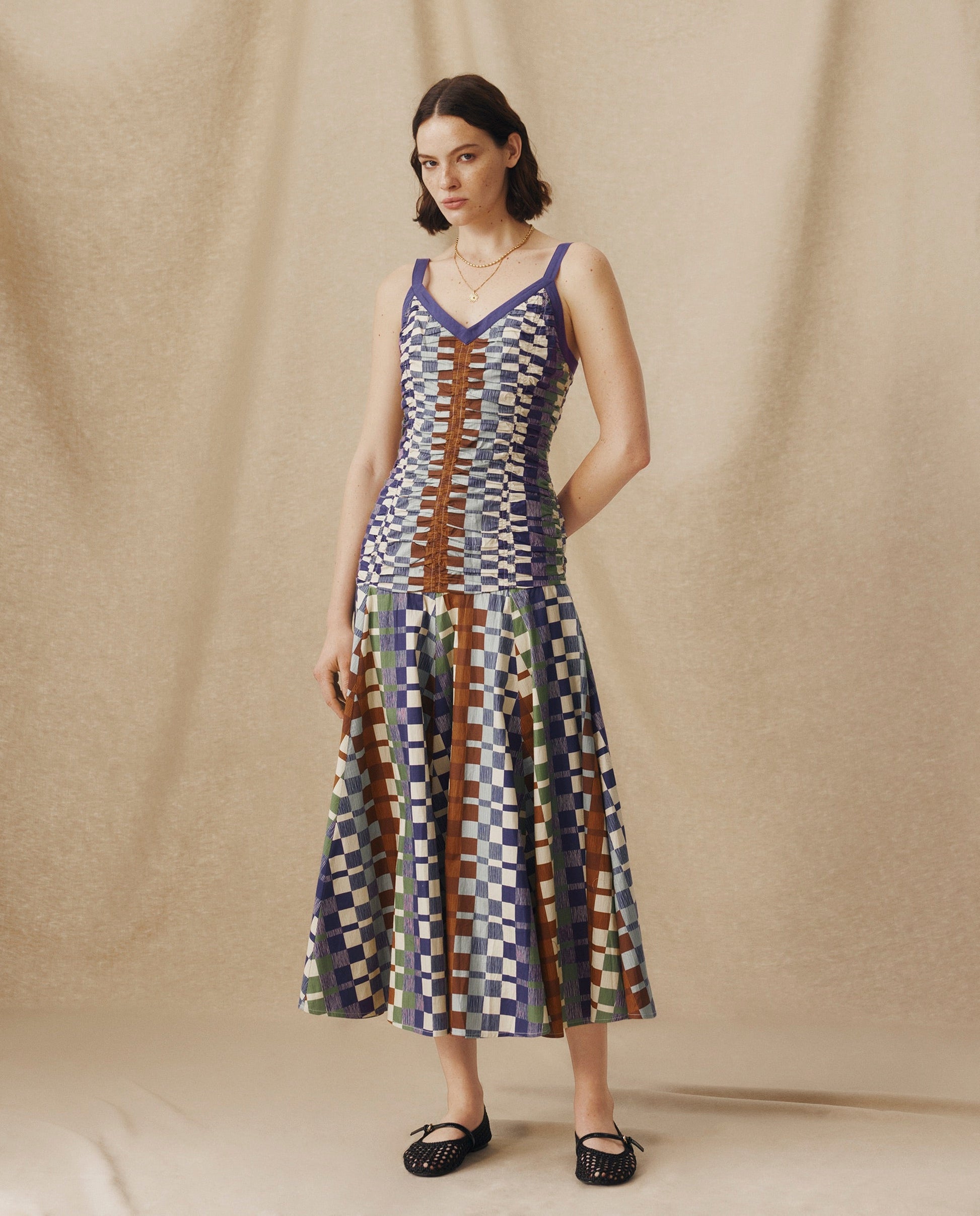 MORINAL | Vestido Midi de Algodón con Estampado Geométrico y Cintura Baja