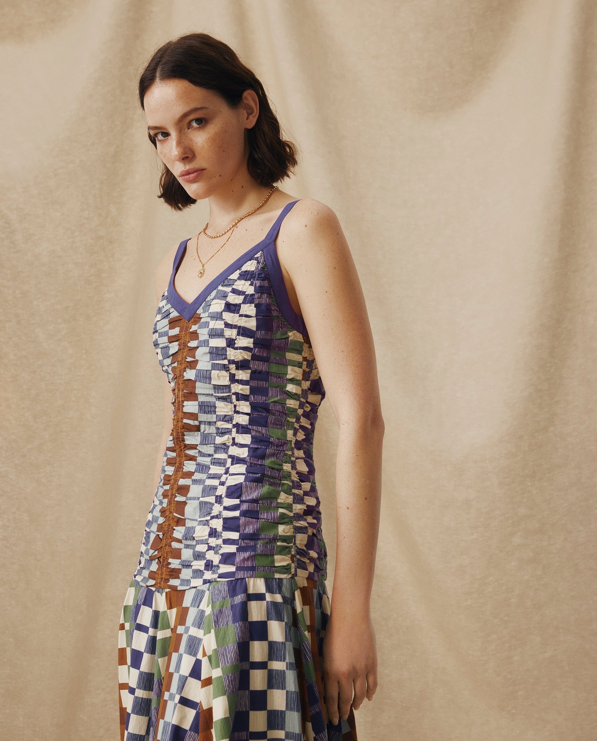 MORINAL | Vestido Midi de Algodón con Estampado Geométrico y Cintura Baja