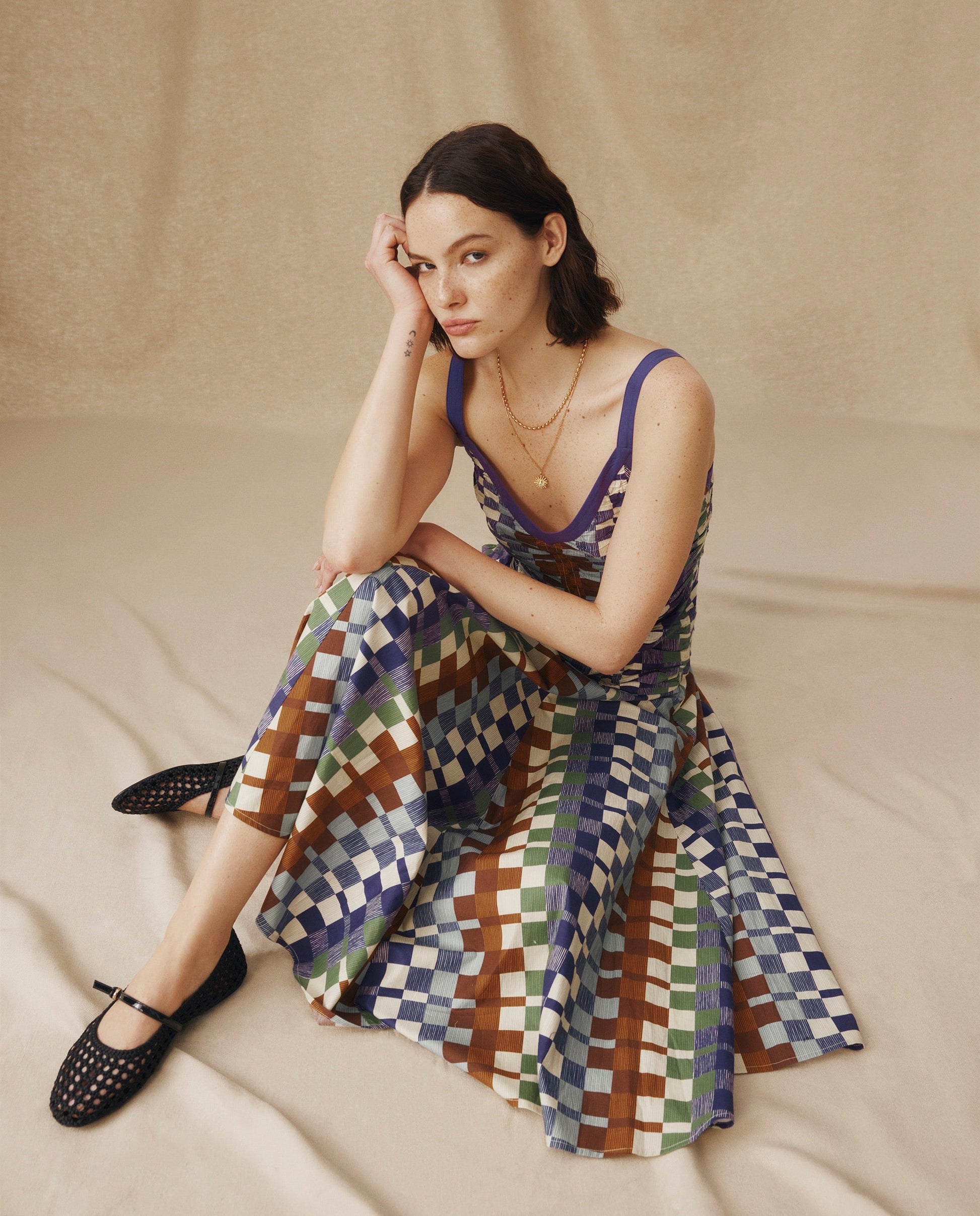 MORINAL | Vestido Midi de Algodón con Estampado Geométrico y Cintura Baja