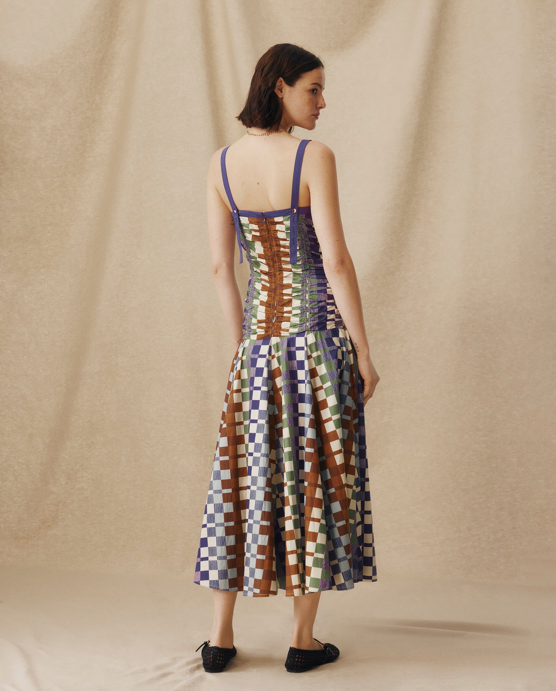 MORINAL | Vestido Midi de Algodón con Estampado Geométrico y Cintura Baja