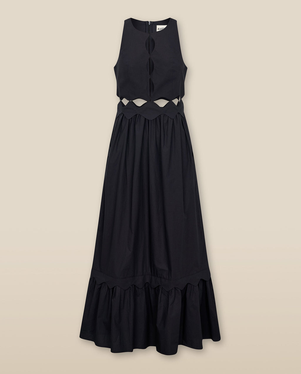 ANUSHA | Vestido Midi de Algodón Negro con Cut-Out y Acabado Festoneado