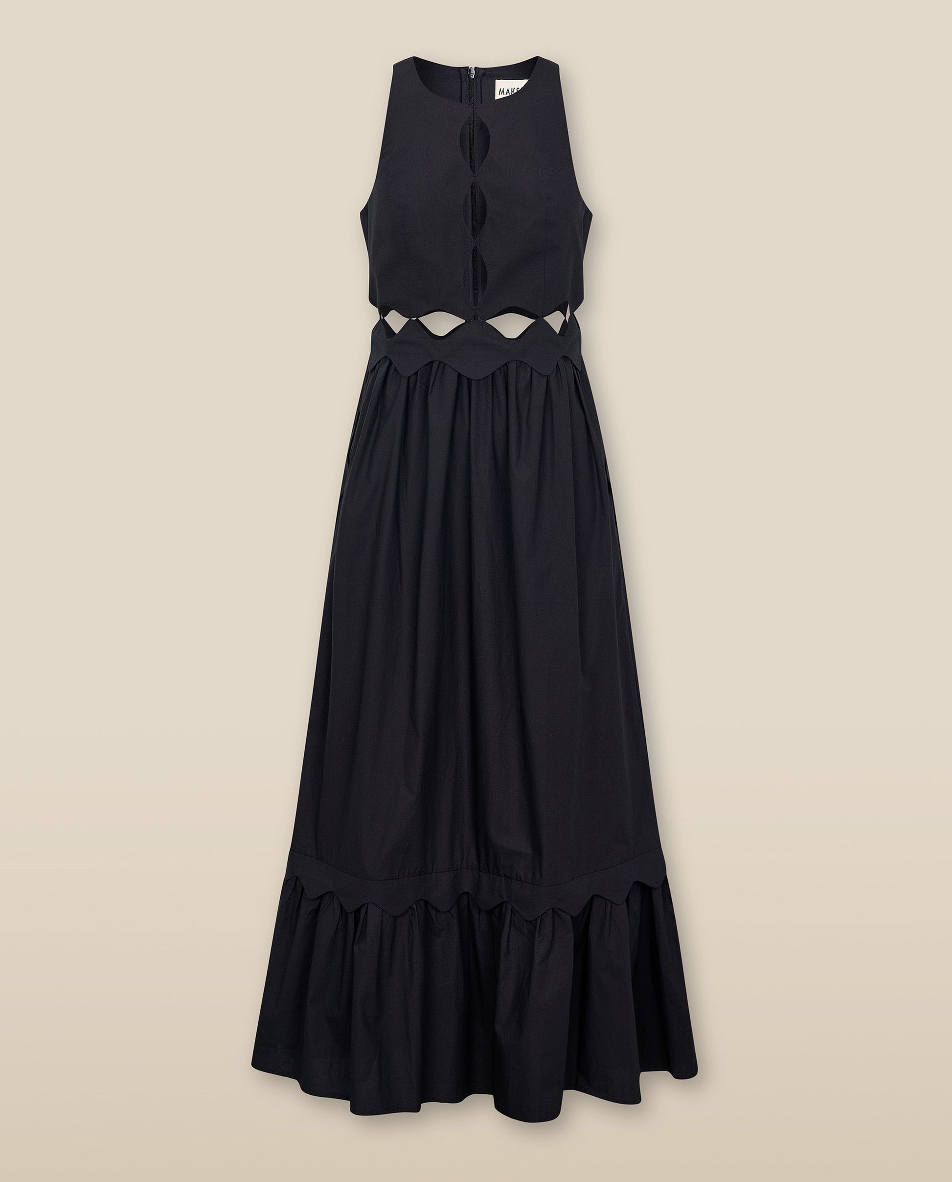 ANUSHA | Vestido Midi de Algodón Negro con Cut-Out y Acabado Festoneado