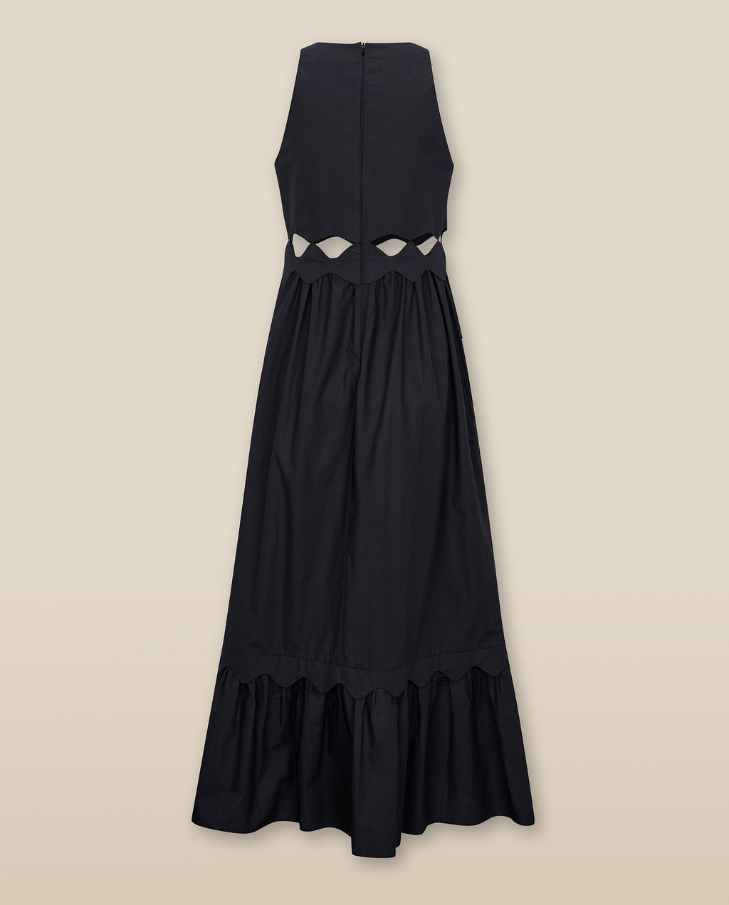 ANUSHA | Vestido Midi de Algodón Negro con Cut-Out y Acabado Festoneado