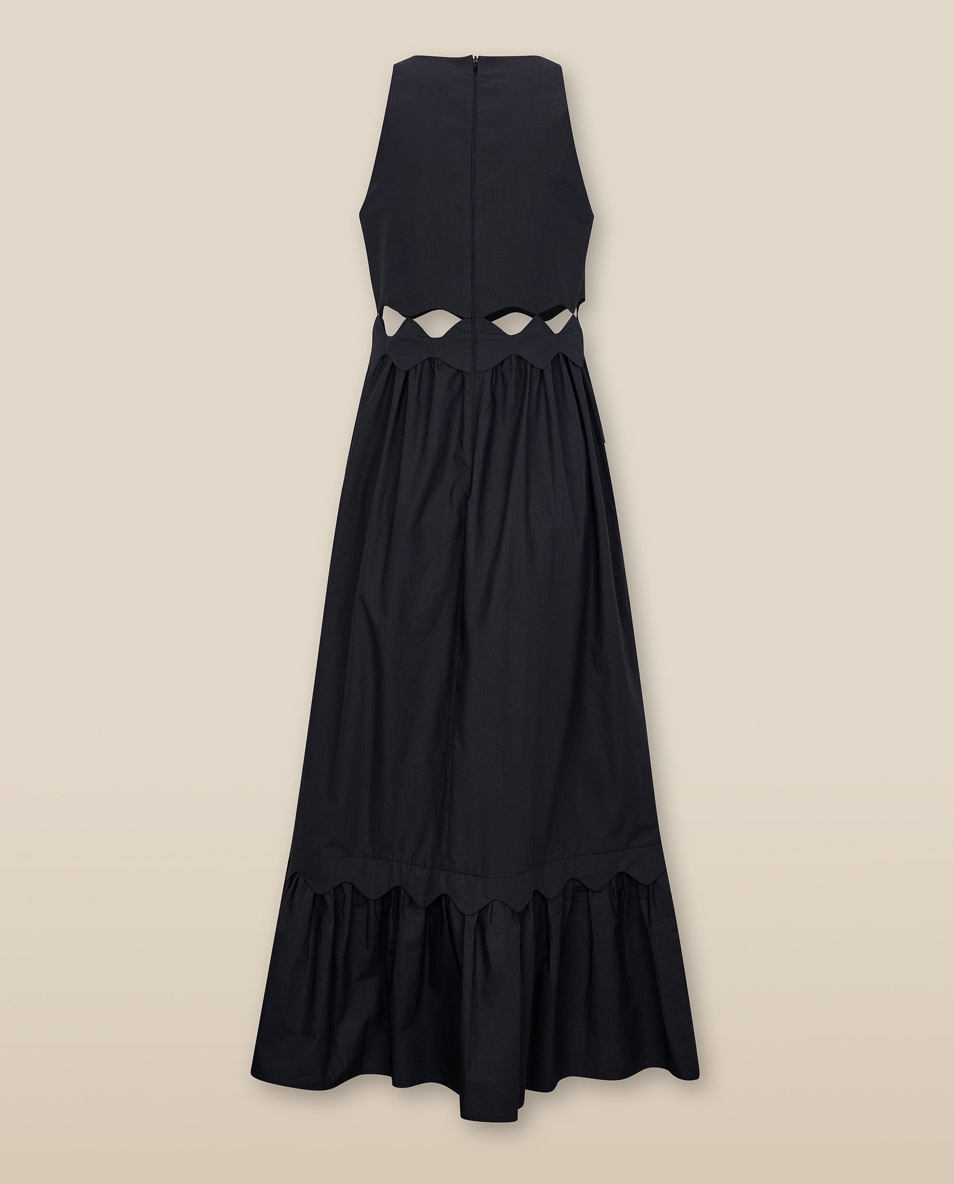 ANUSHA | Vestido Midi de Algodón Negro con Cut-Out y Acabado Festoneado