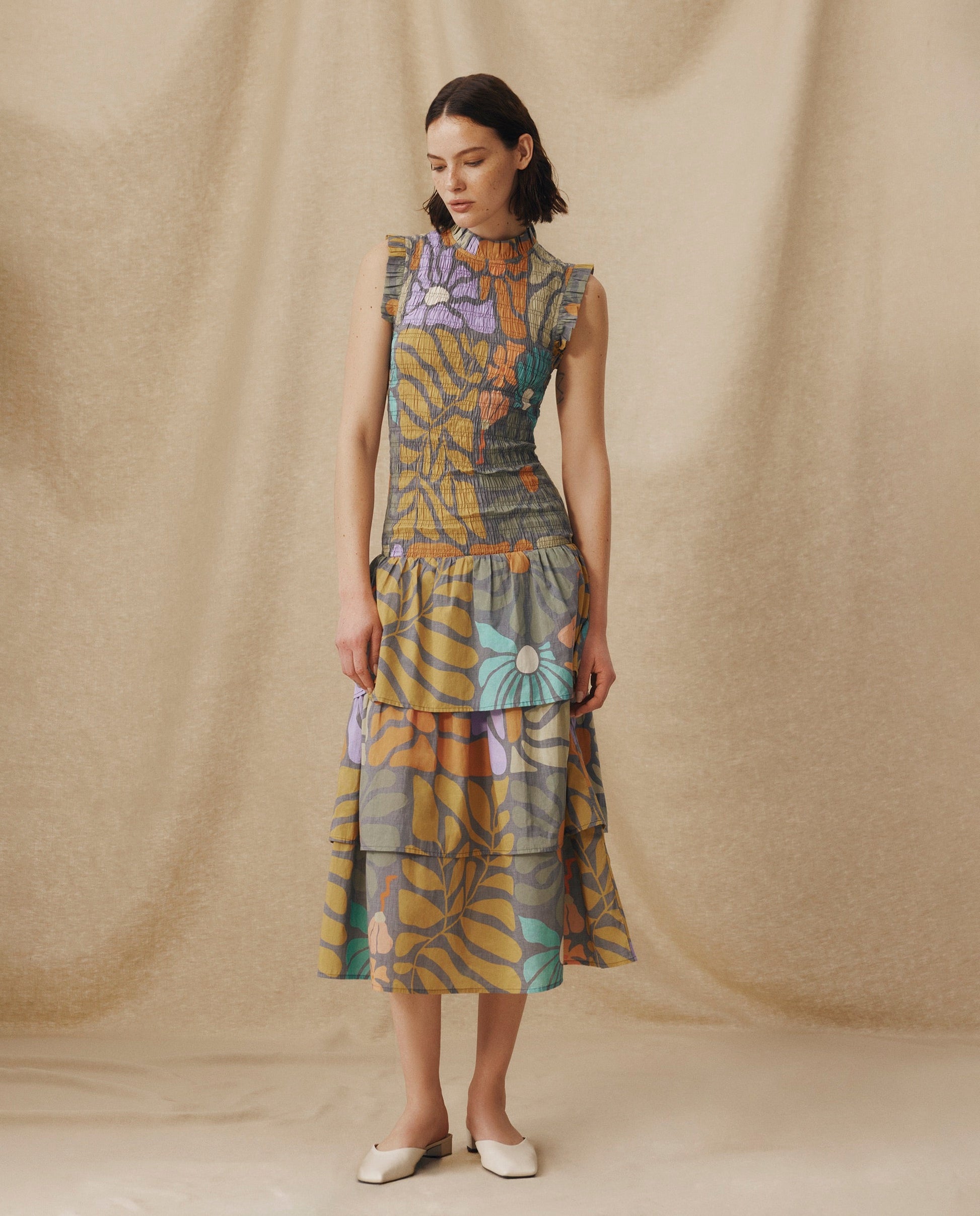 CHARITA | Vestido Midi de Algodón con Estampado Floral Multicolor