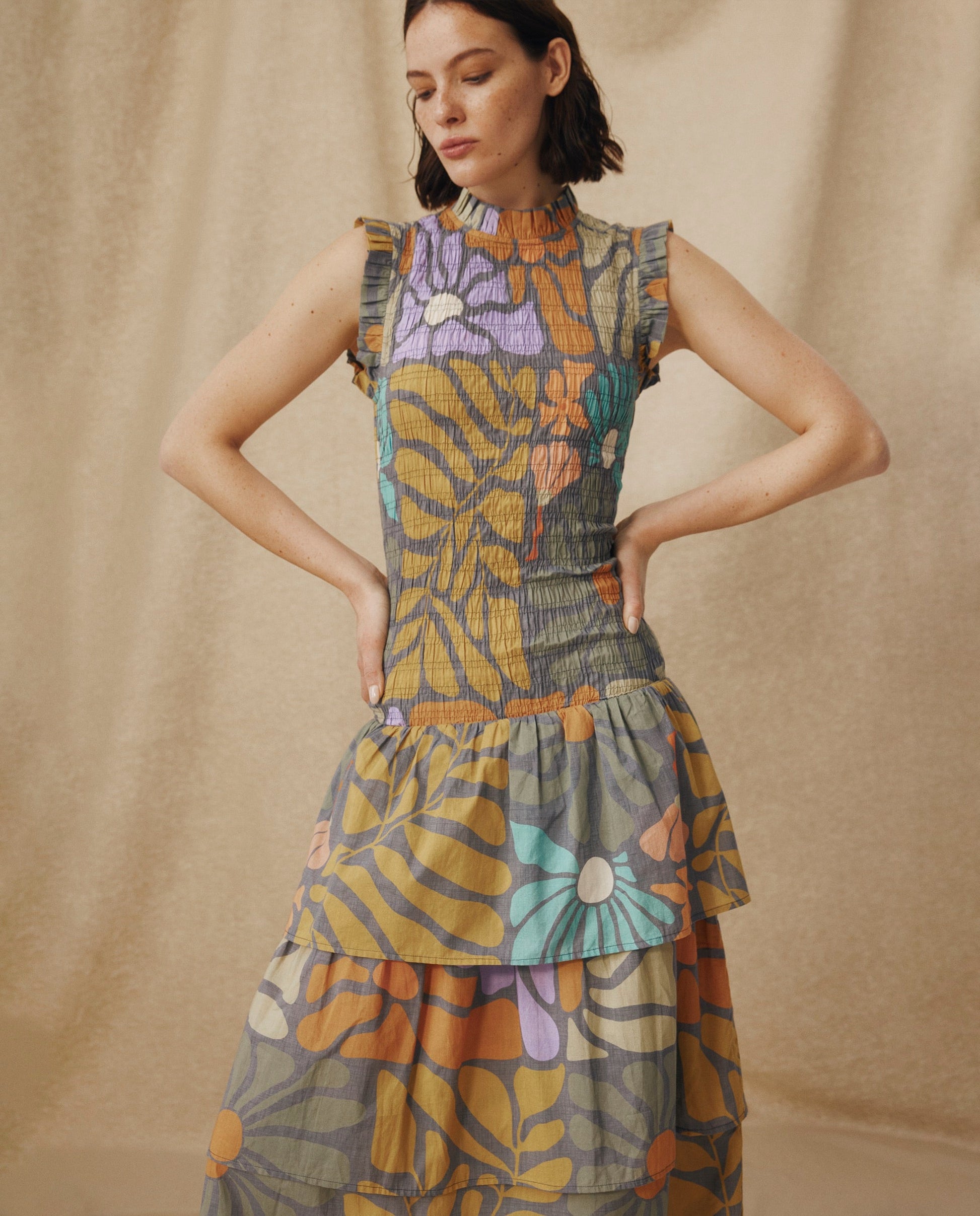 CHARITA | Vestido Midi de Algodón con Estampado Floral Multicolor