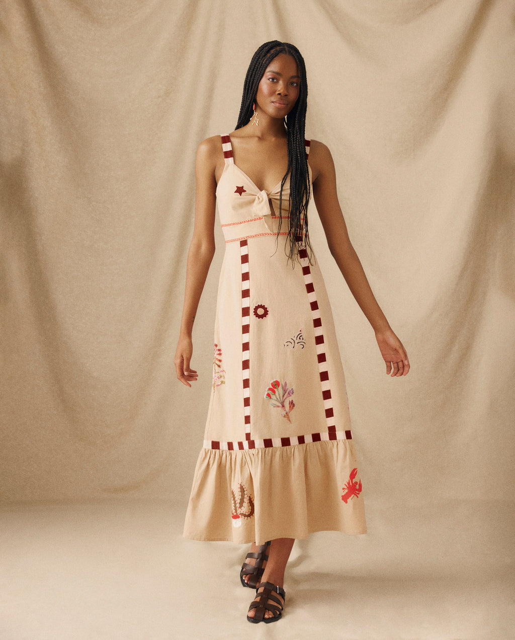CHANDANI | Vestido Midi de Algodón y Lino Color Beige con Bordado