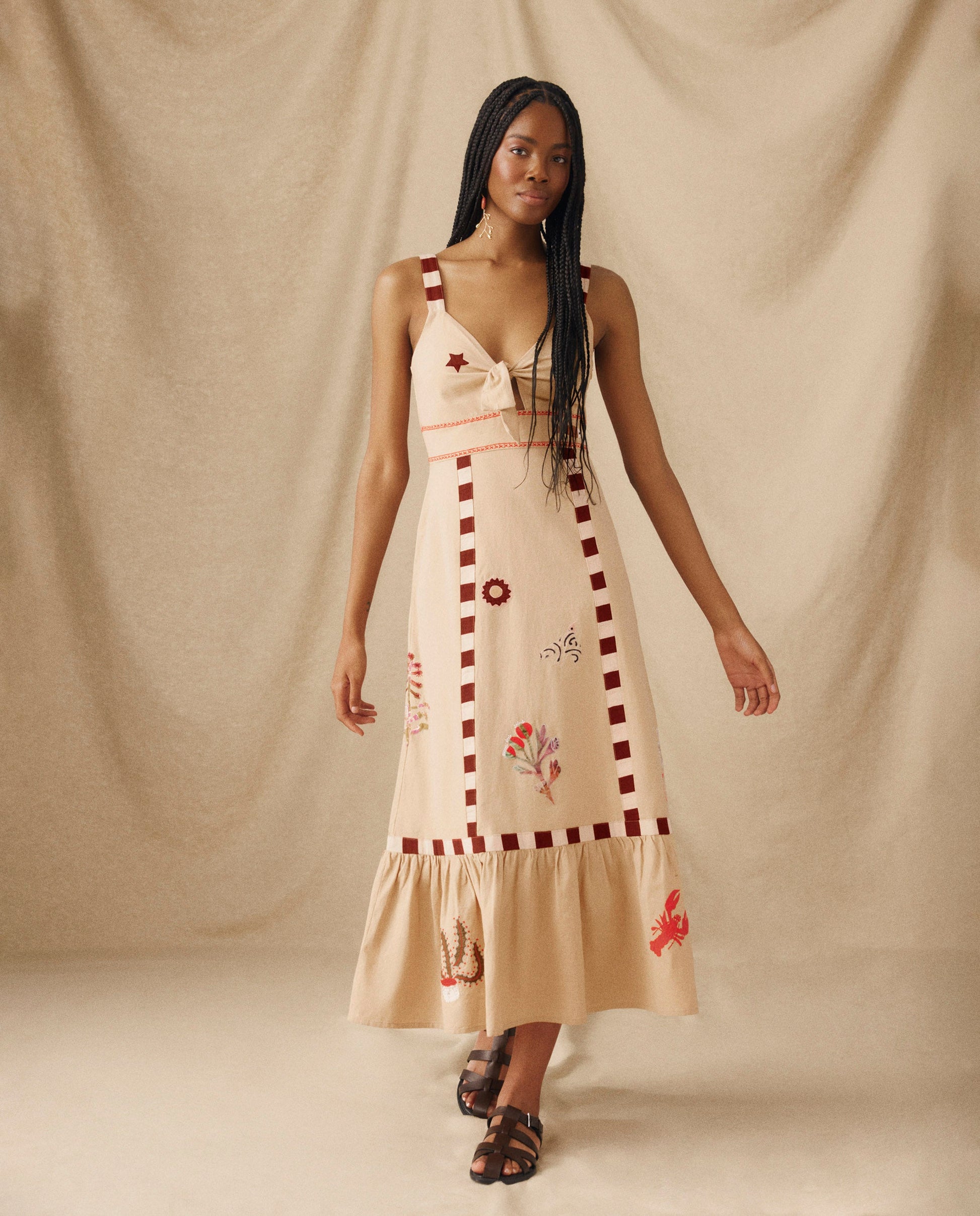 CHANDANI | Vestido Midi de Algodón y Lino Color Beige con Bordado