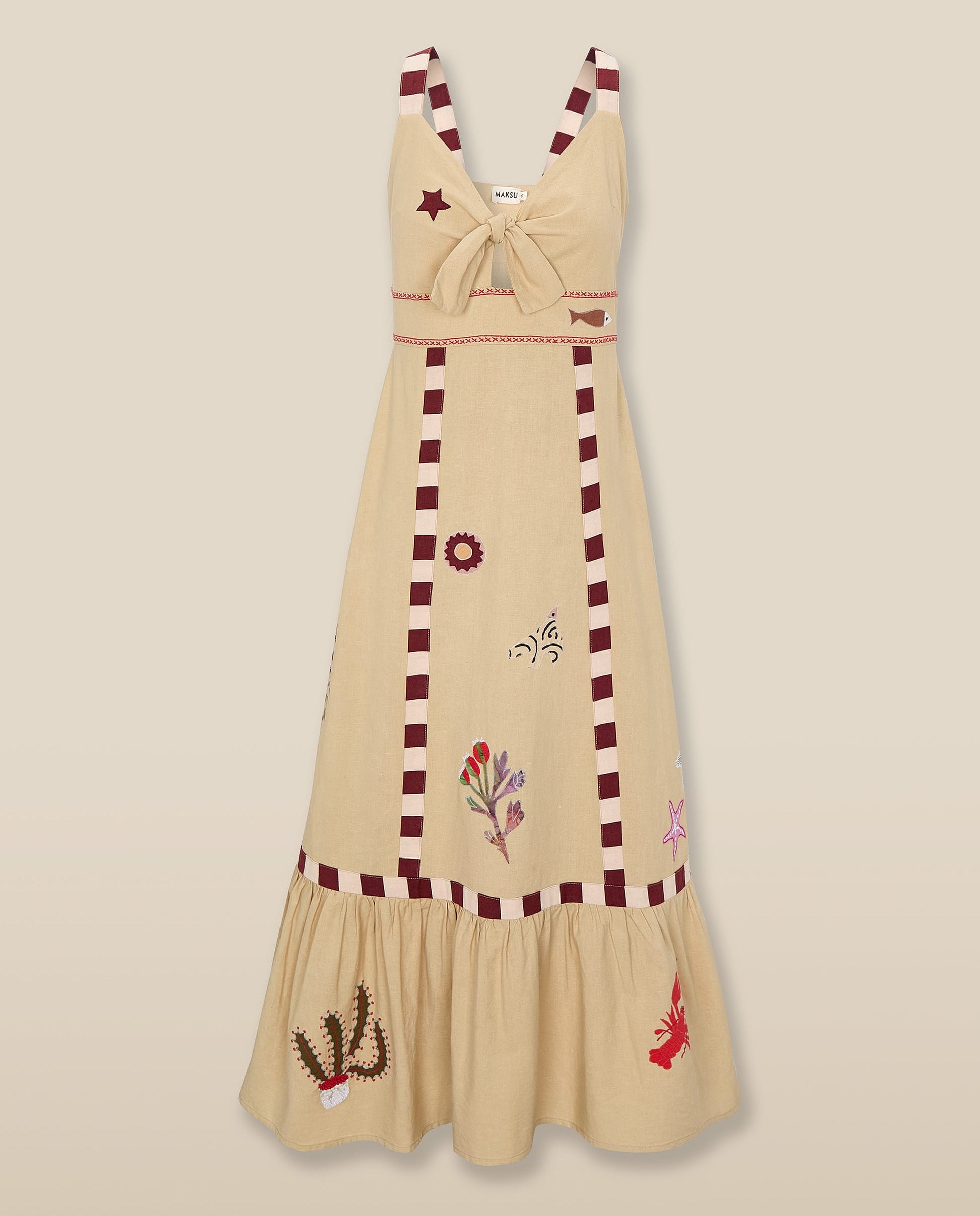 CHANDANI | Vestido Midi de Algodón y Lino Color Beige con Bordado