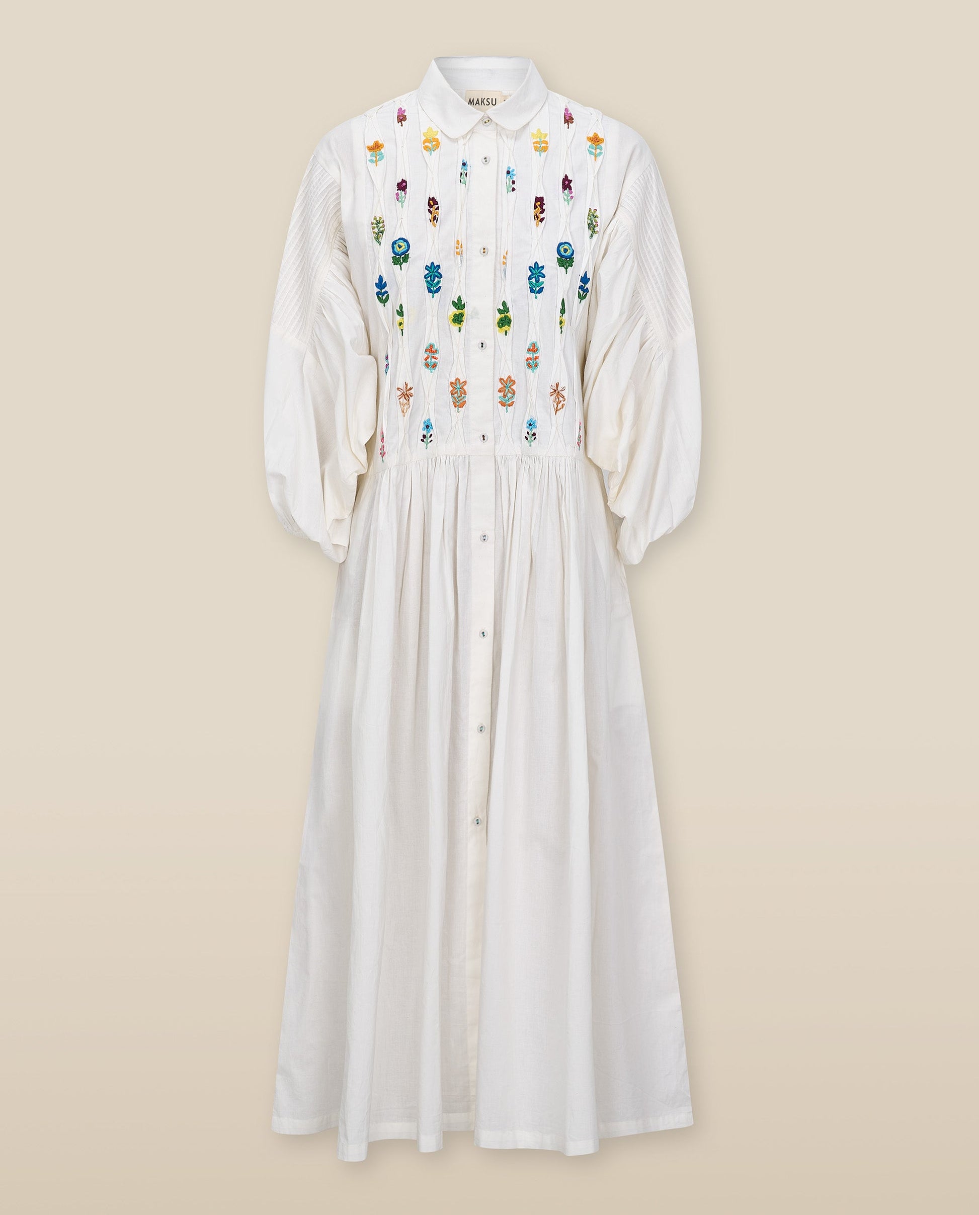 ZULIKA | Vestido Midi de Algodón Blanco con Bordado Floral Multicolor
