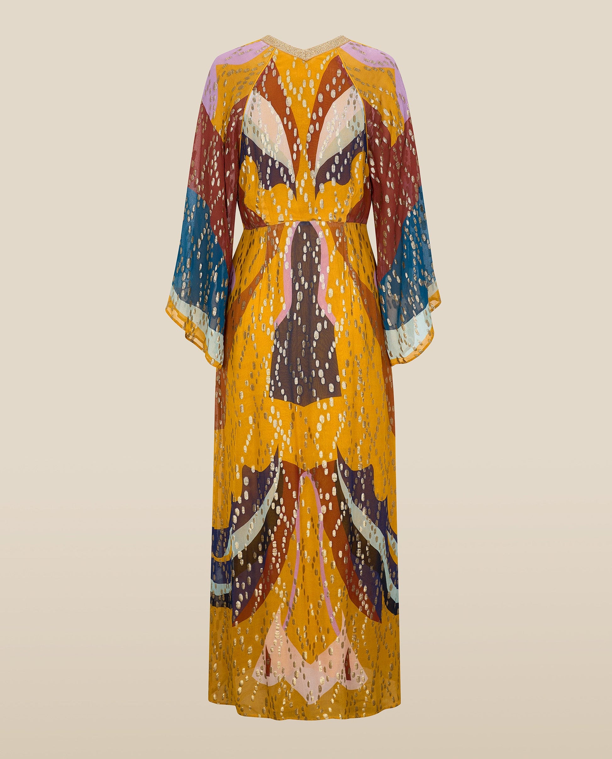 RIO | Vestido Midi con Patchwork Multicolor y Bordado a Mano en Tonos Dorados