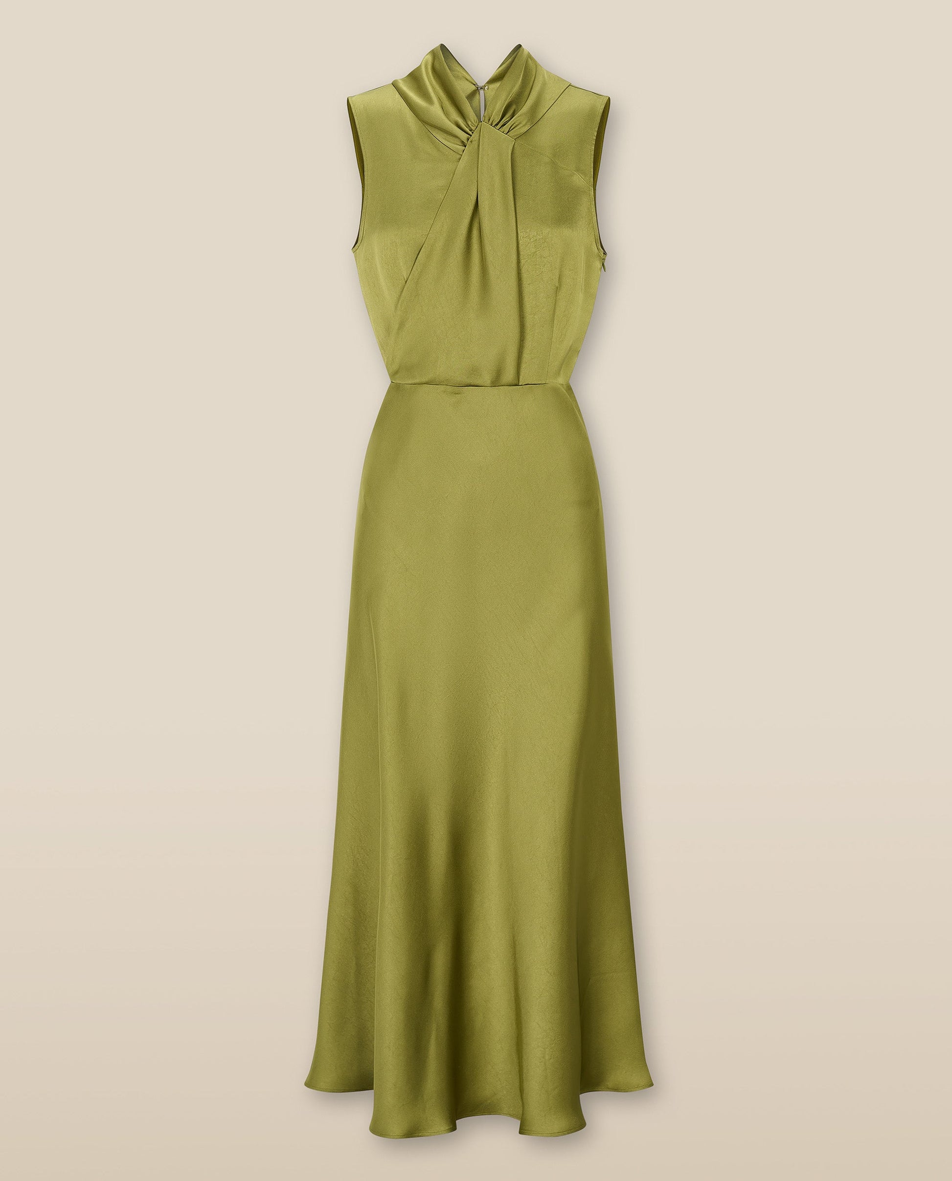 RANYA | Vestido Midi Sin Mangas en Verde Hierba con Frente Retorcido