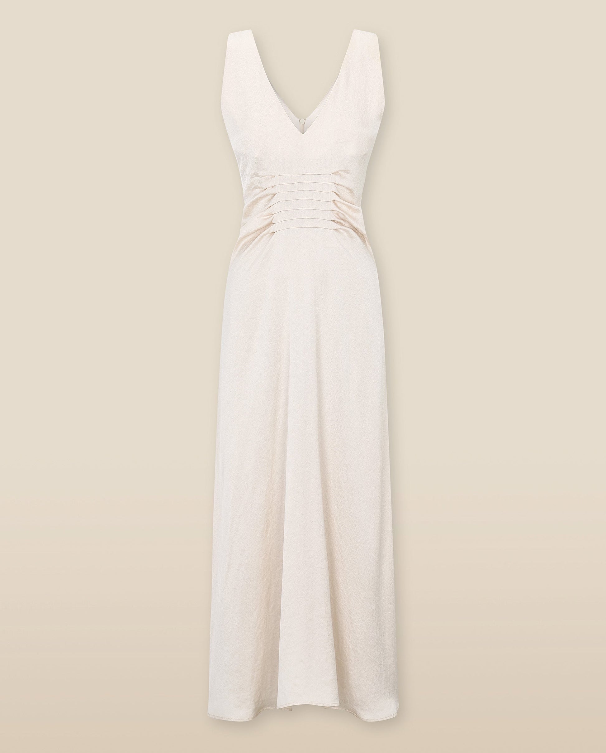 YUKTA | Vestido Midi de Satén Marfil con Pliegues Frontales