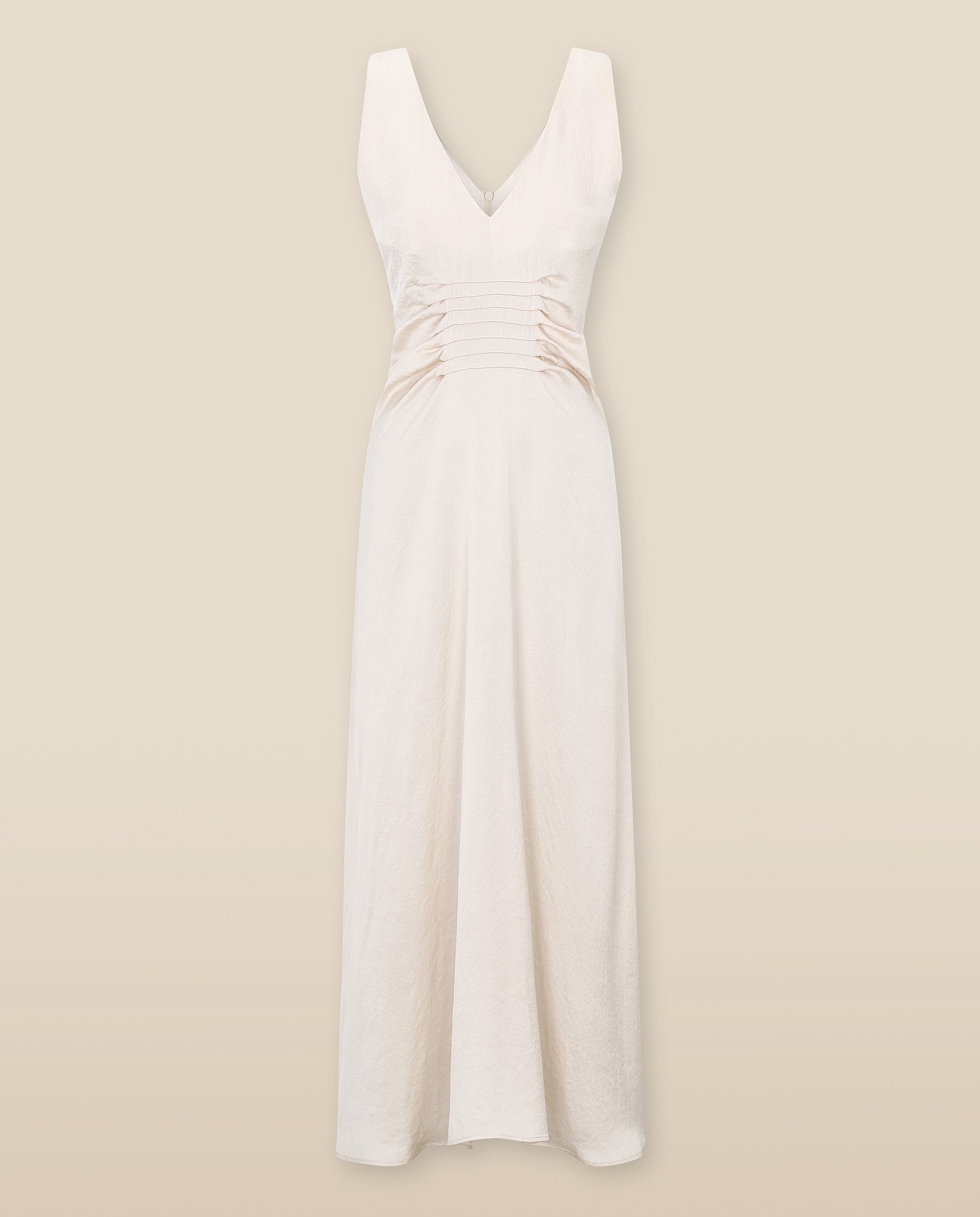 YUKTA | Vestido Midi de Satén Marfil con Pliegues Frontales