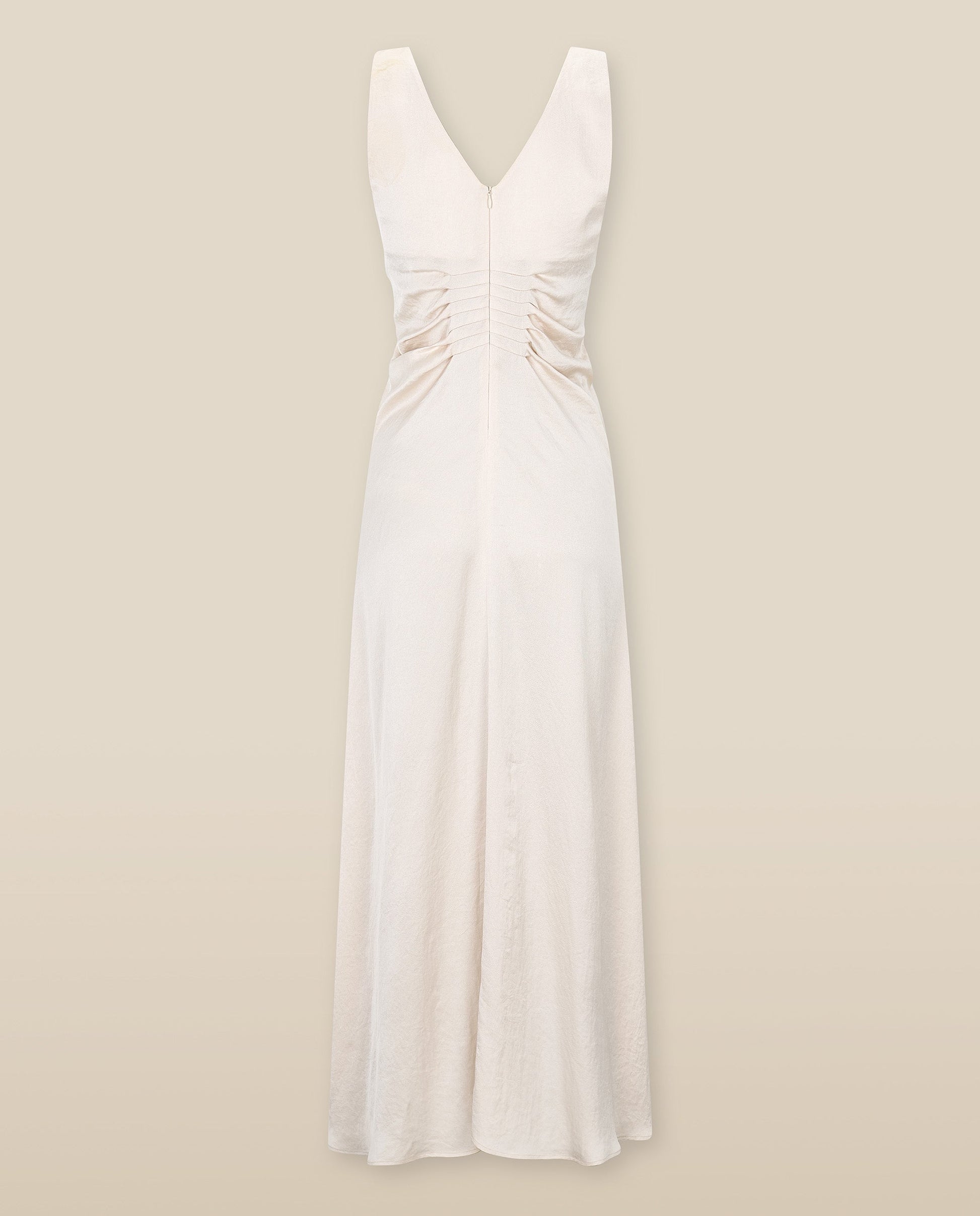 YUKTA | Vestido Midi de Satén Marfil con Pliegues Frontales