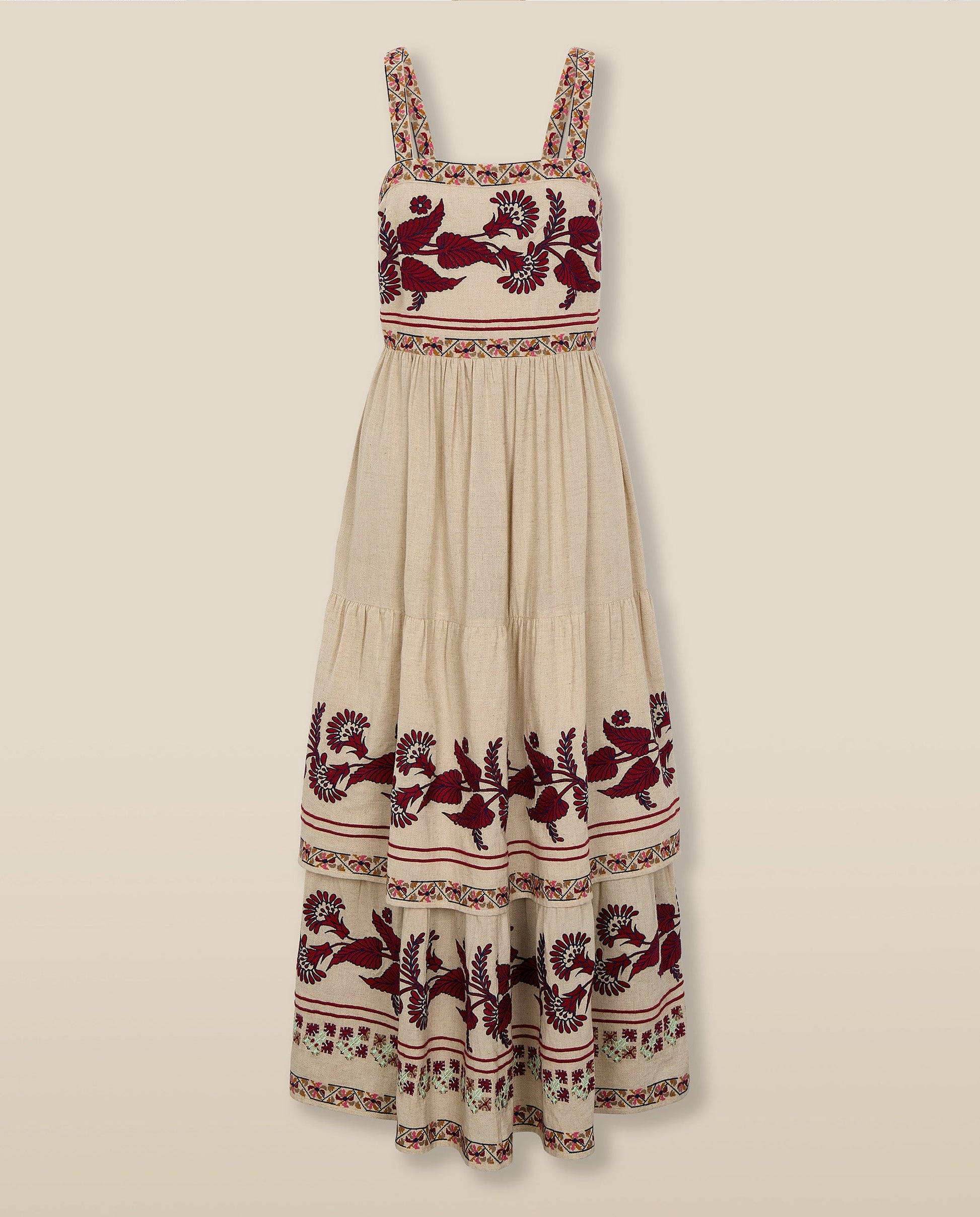 NEESHA | Vestido Midi Bohemio en Tono Piedra con Bordados