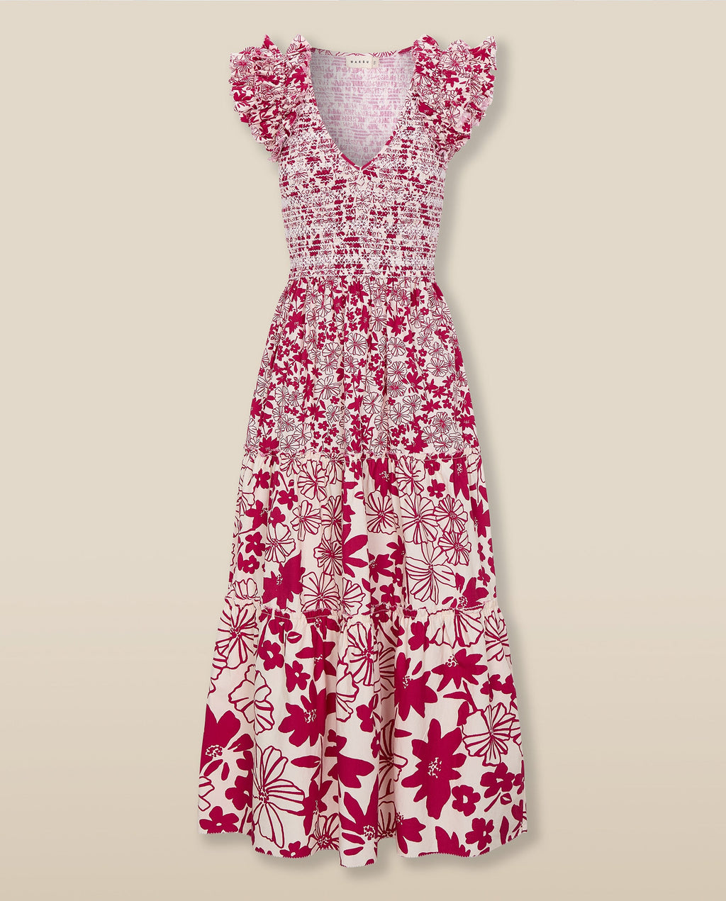 DAWA | Vestido Midi Fruncido de Algodón en Blanco y Rojo Carmesí con Flores