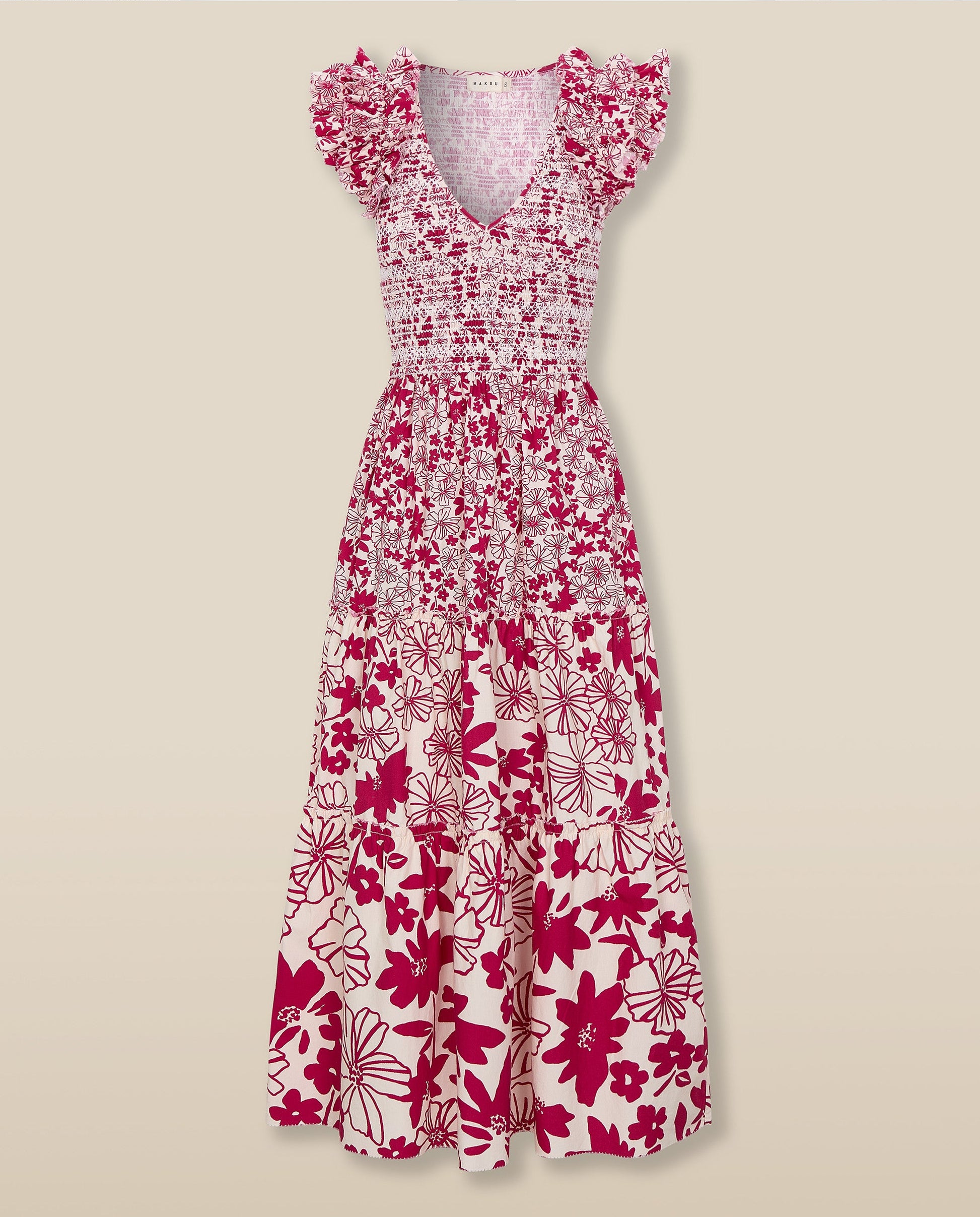 DAWA | Vestido Midi Fruncido de Algodón en Blanco y Rojo Carmesí con Flores