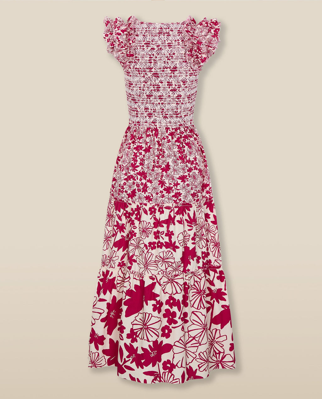 DAWA | Vestido Midi Fruncido de Algodón en Blanco y Rojo Carmesí con Flores
