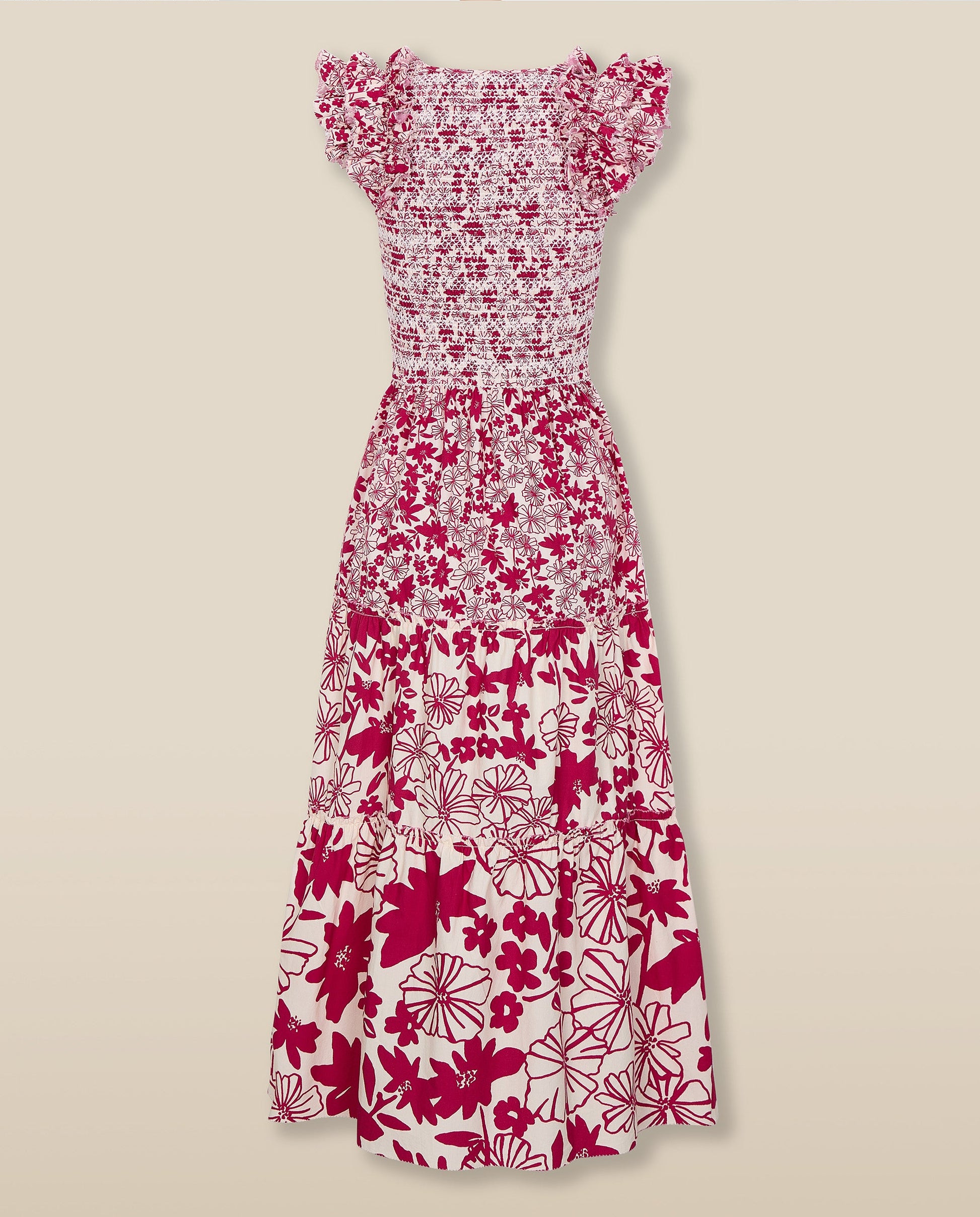 DAWA | Vestido Midi Fruncido de Algodón en Blanco y Rojo Carmesí con Flores
