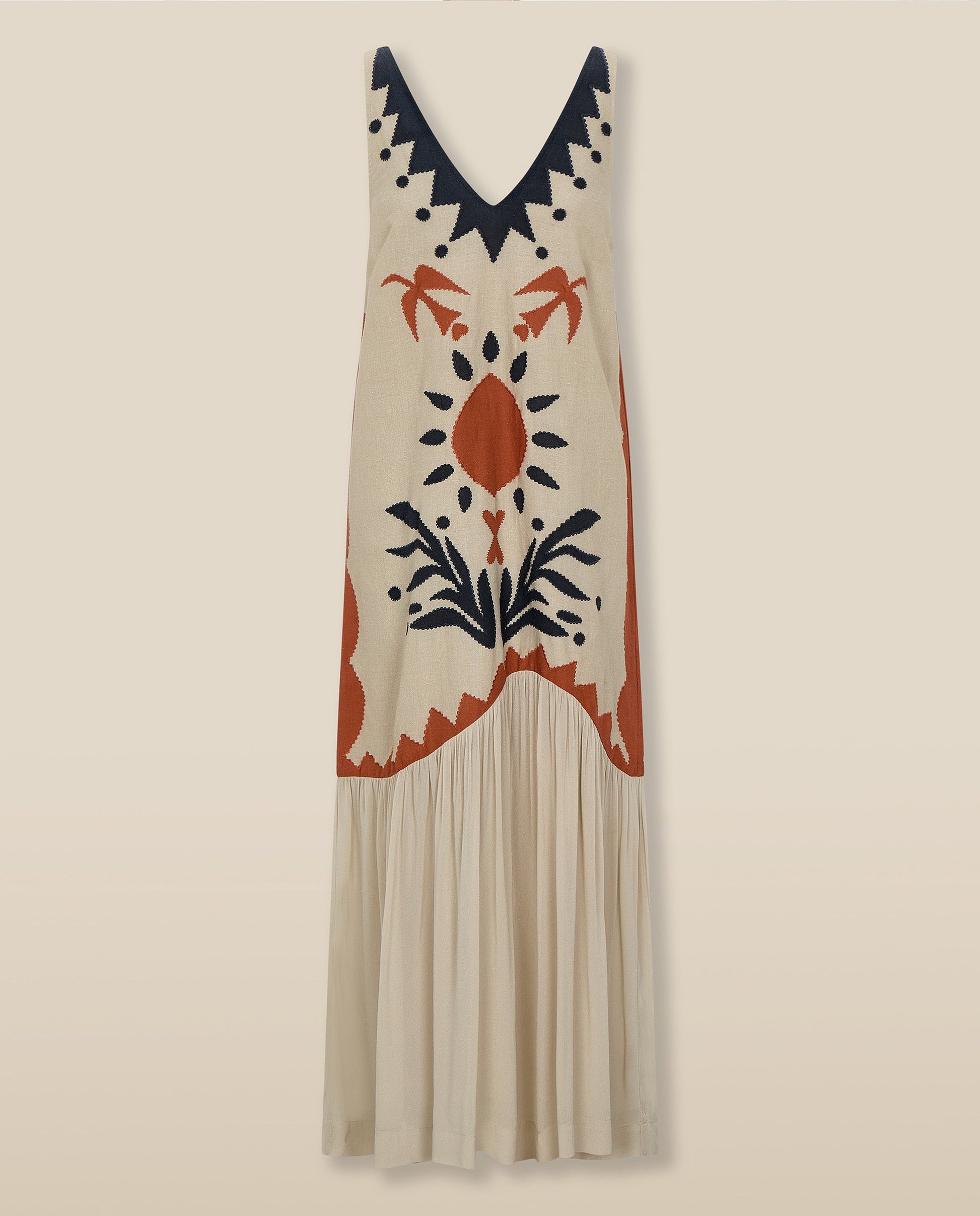 HELEN | Vestido Midi en Color Crudo con Bordados y Tiro Bajo