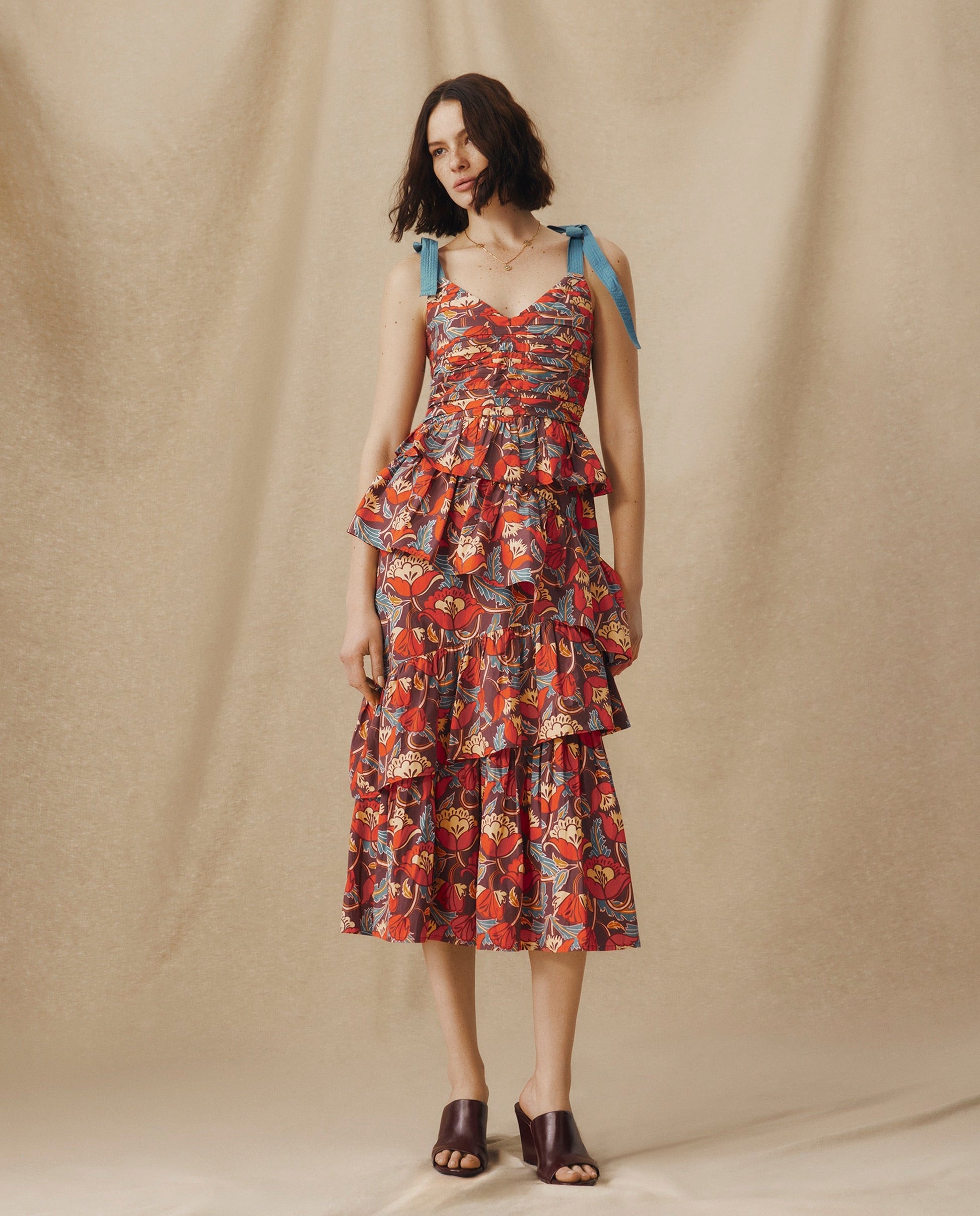 BIMBA | Vestido Midi de Algodón con Estampado Floral y Volantes en Terracota