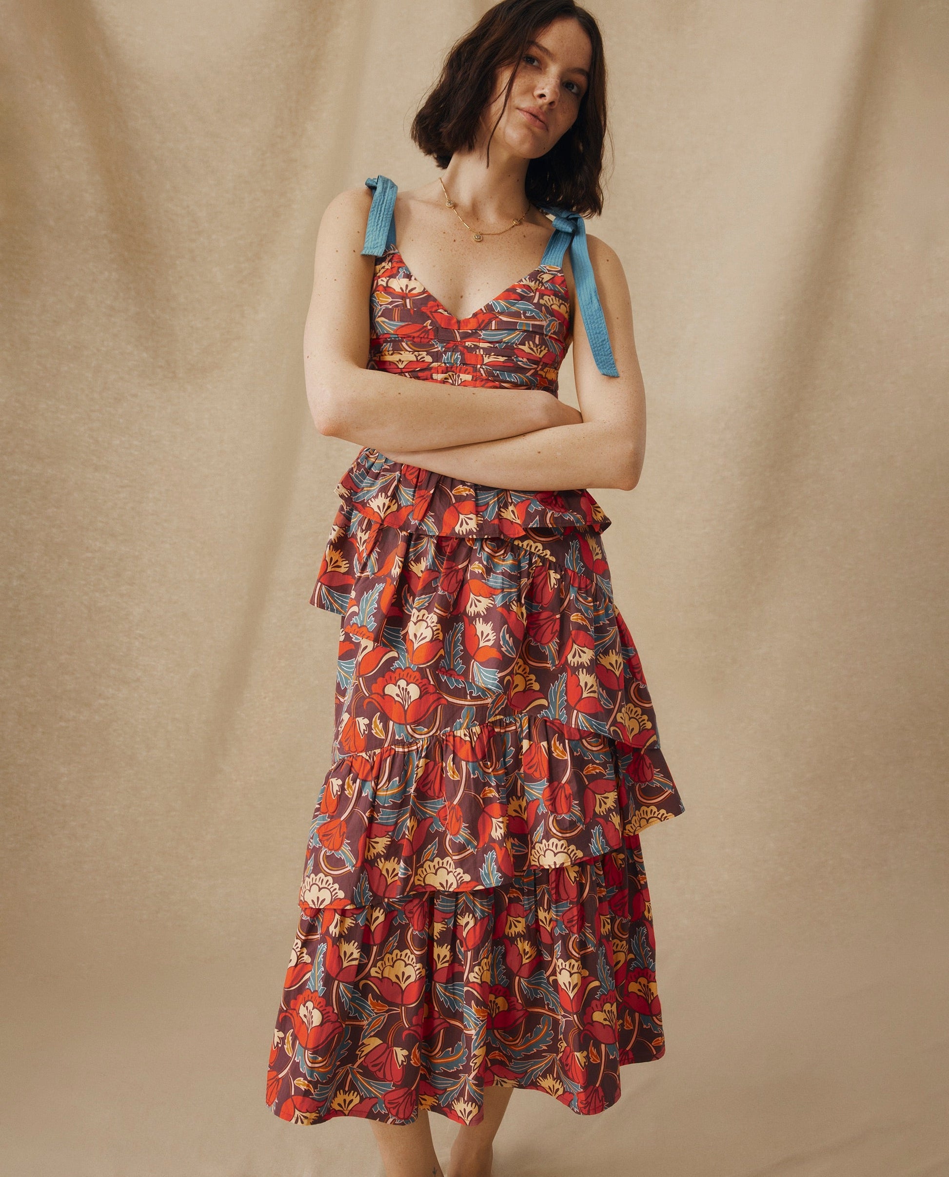 BIMBA | Vestido Midi de Algodón con Estampado Floral y Volantes en Terracota