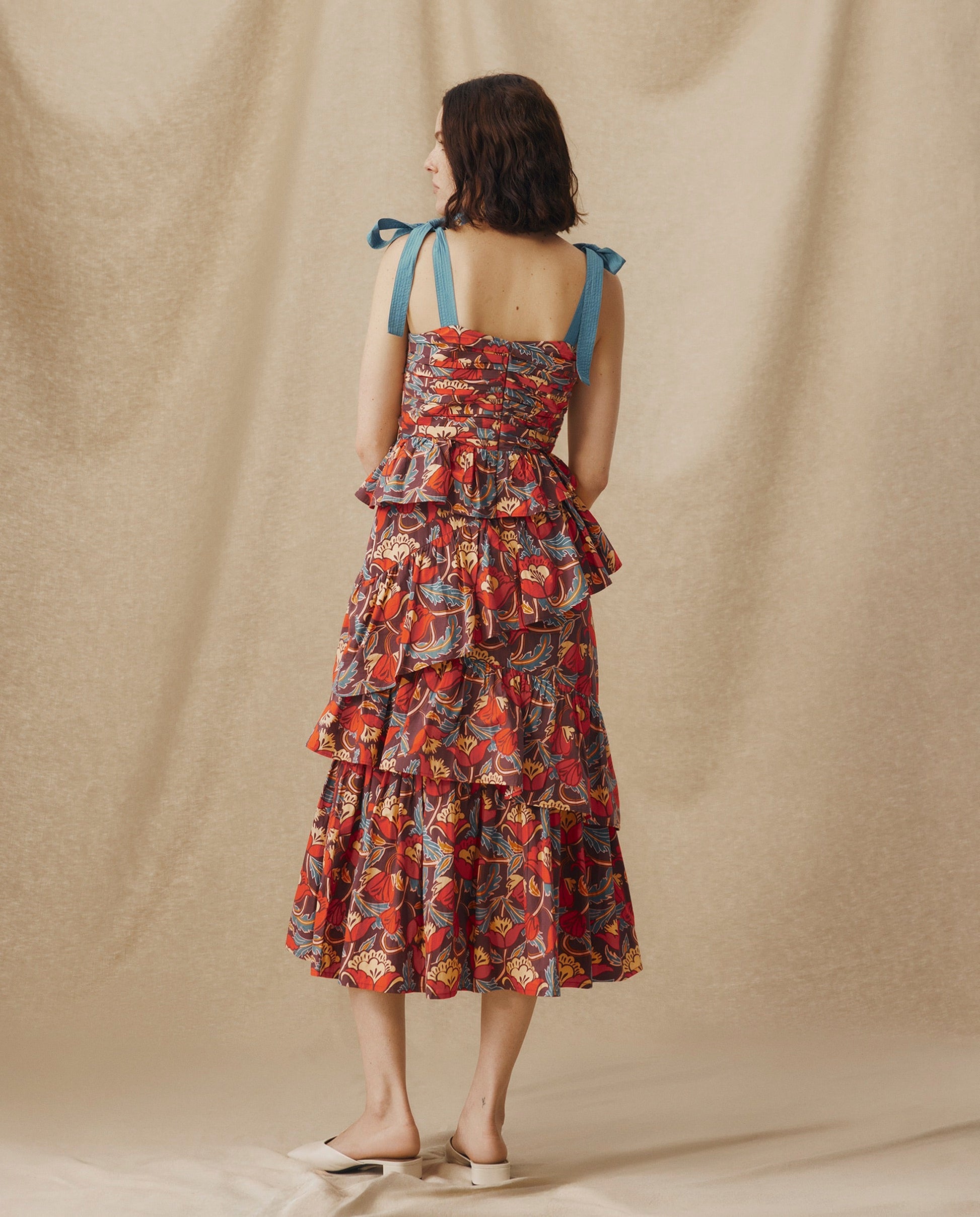 BIMBA | Vestido Midi de Algodón con Estampado Floral y Volantes en Terracota