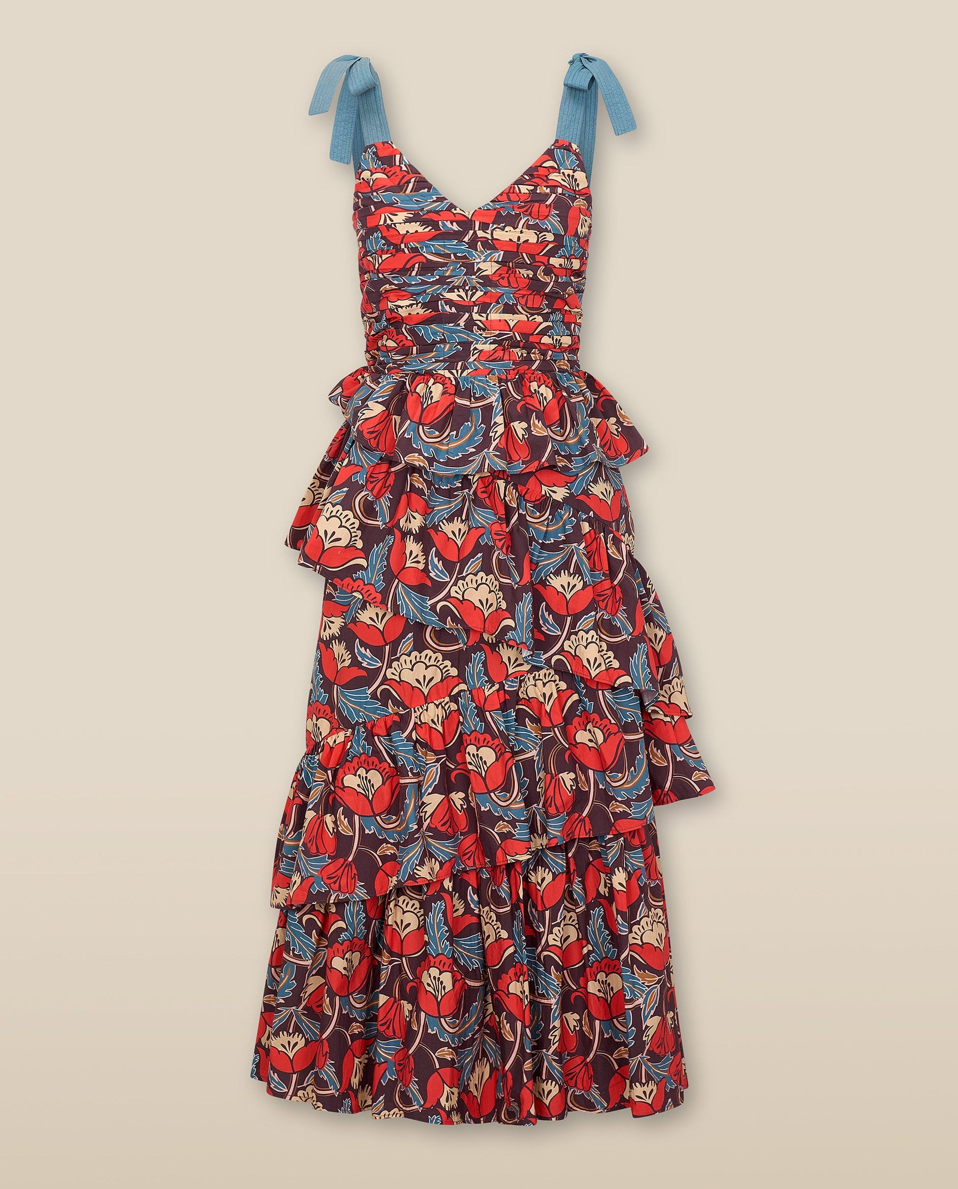 BIMBA | Vestido Midi de Algodón con Estampado Floral y Volantes en Terracota