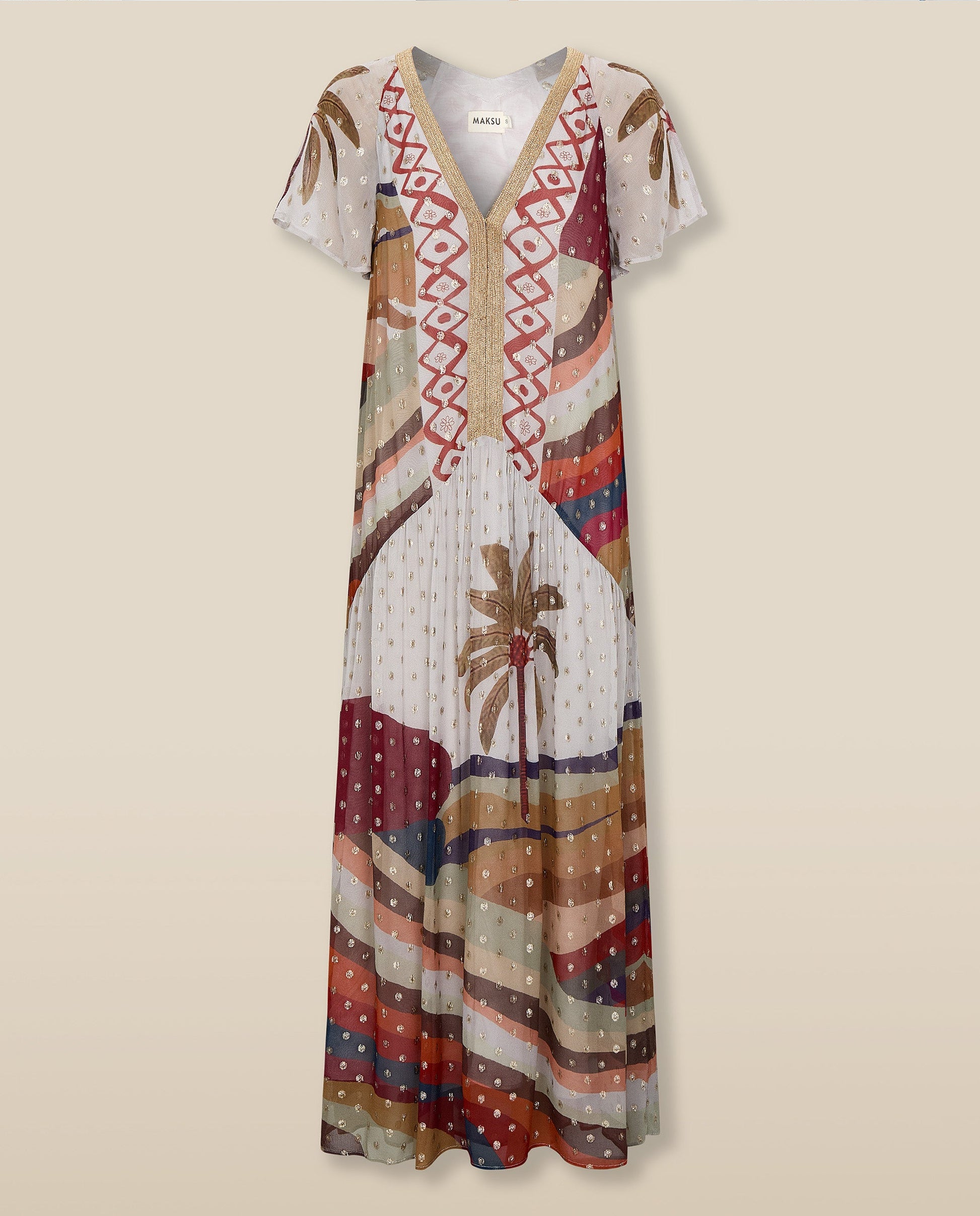 NAOMI | Vestido Midi en Blanco Crudo con Estampado de Palmeras y Tiro Bajo