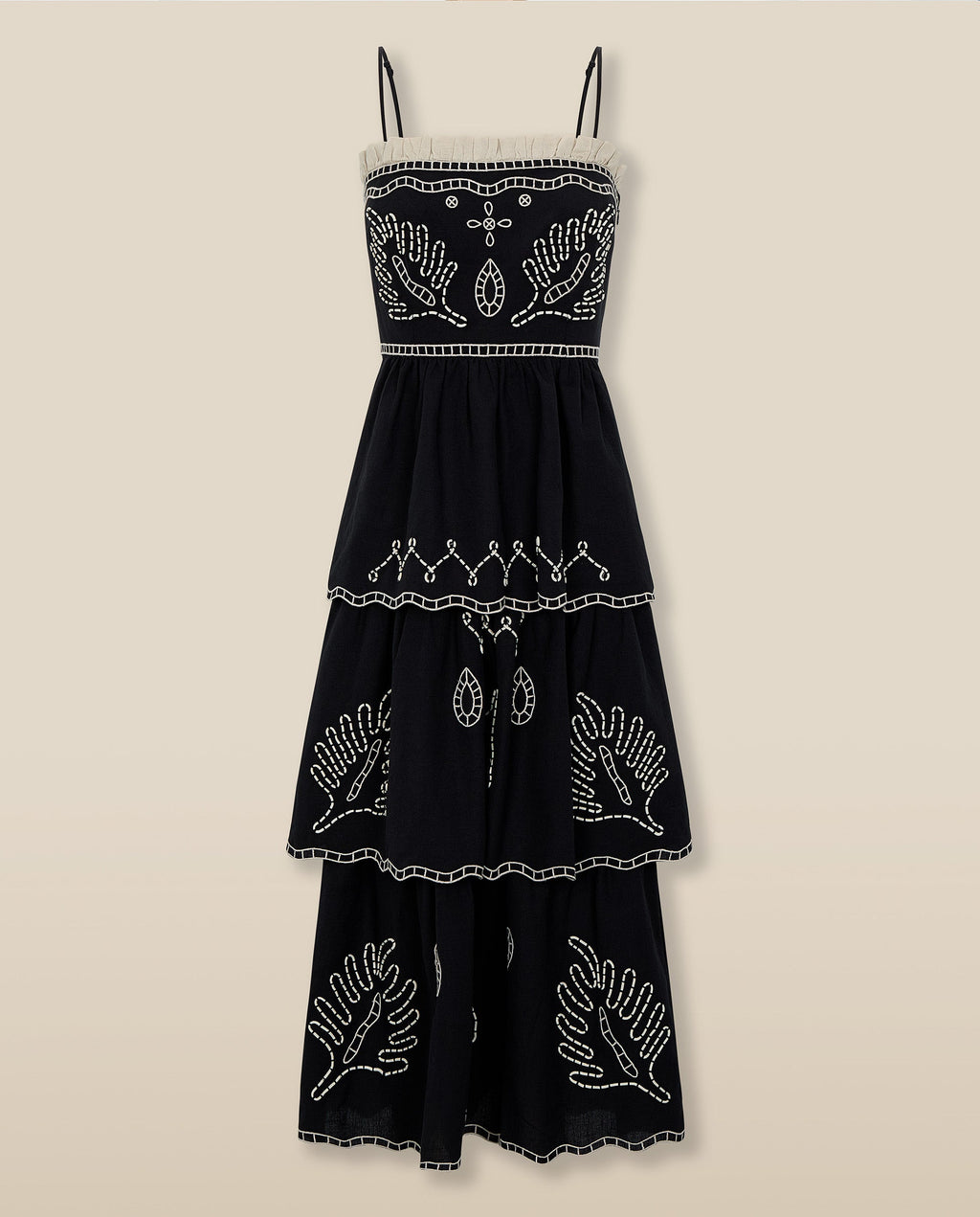 EMMA | Vestido Midi Negro de Algodón y Lino Bordado con Volantes
