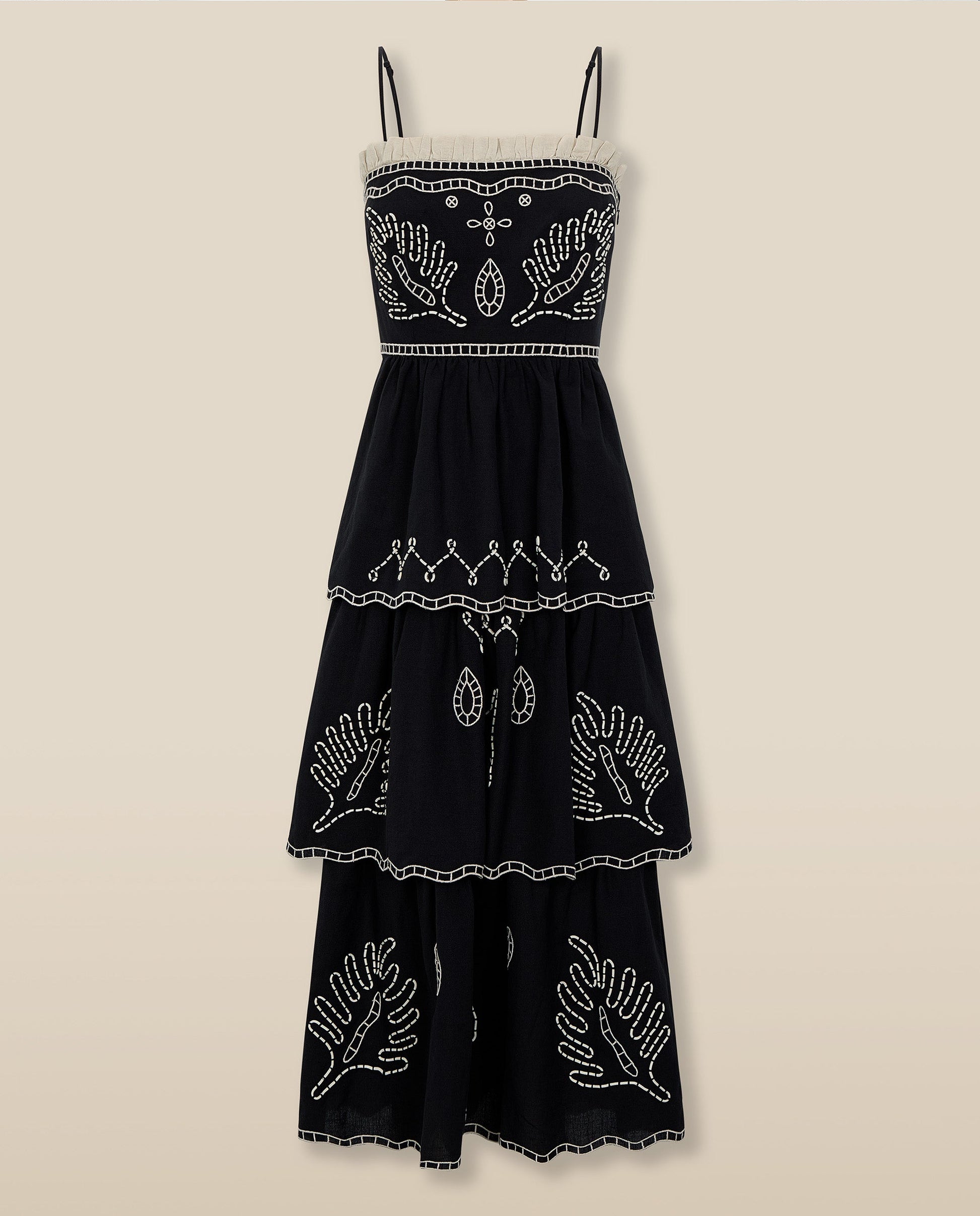 EMMA | Vestido Midi Negro de Algodón y Lino Bordado con Volantes