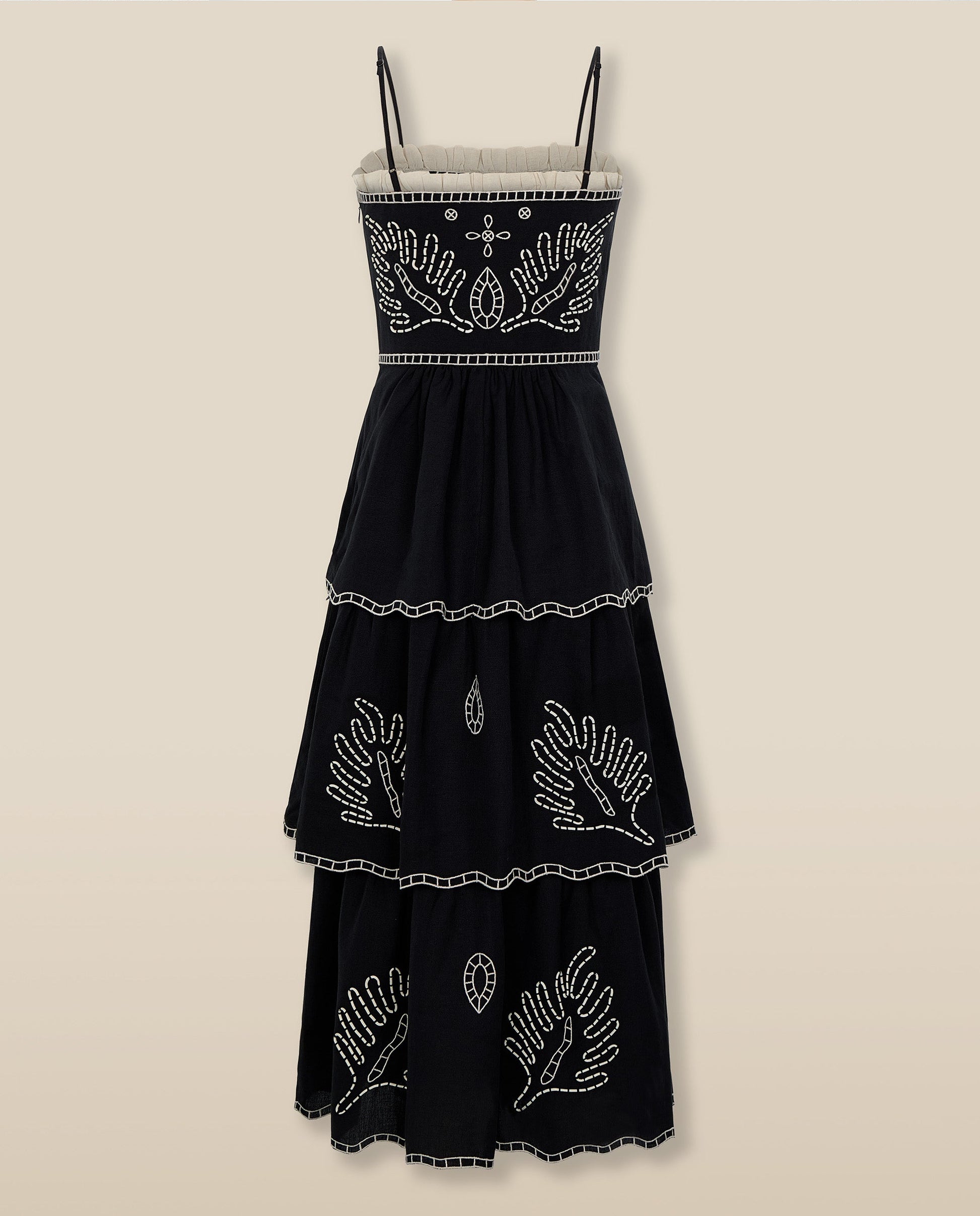 EMMA | Vestido Midi Negro de Algodón y Lino Bordado con Volantes