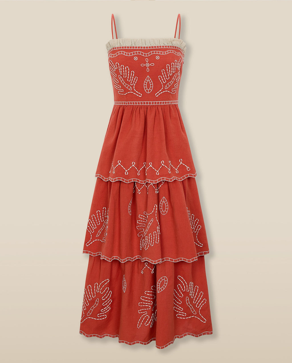 EMMA | Vestido Midi de Algodón y Lino Bordado en Rojo Terracota con Volantes
